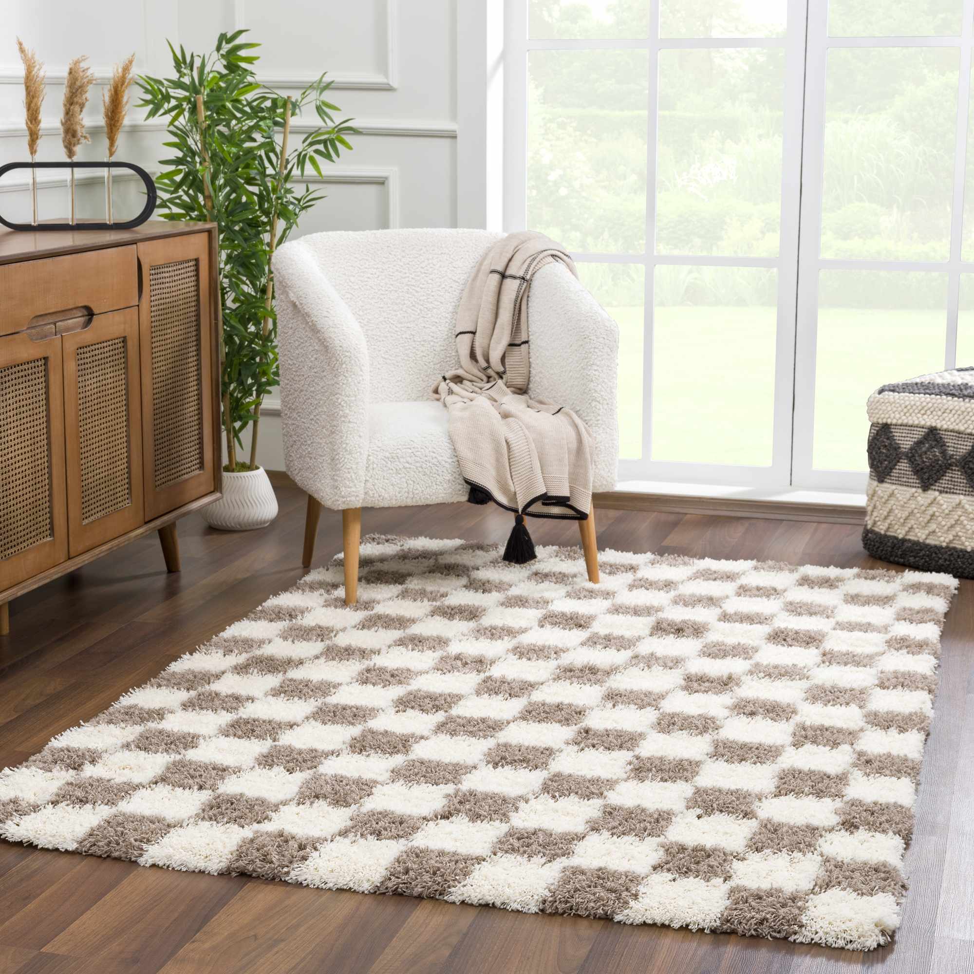 Atira Brown Checkered Area Rug | Warm Plush Geometric Rug – Boutique Rugs