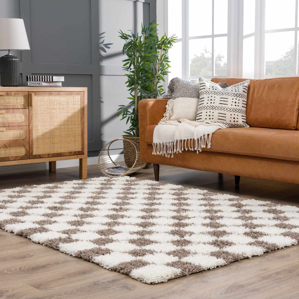 Atira Brown Checkered Area Rug | Warm Plush Geometric Rug – Boutique Rugs