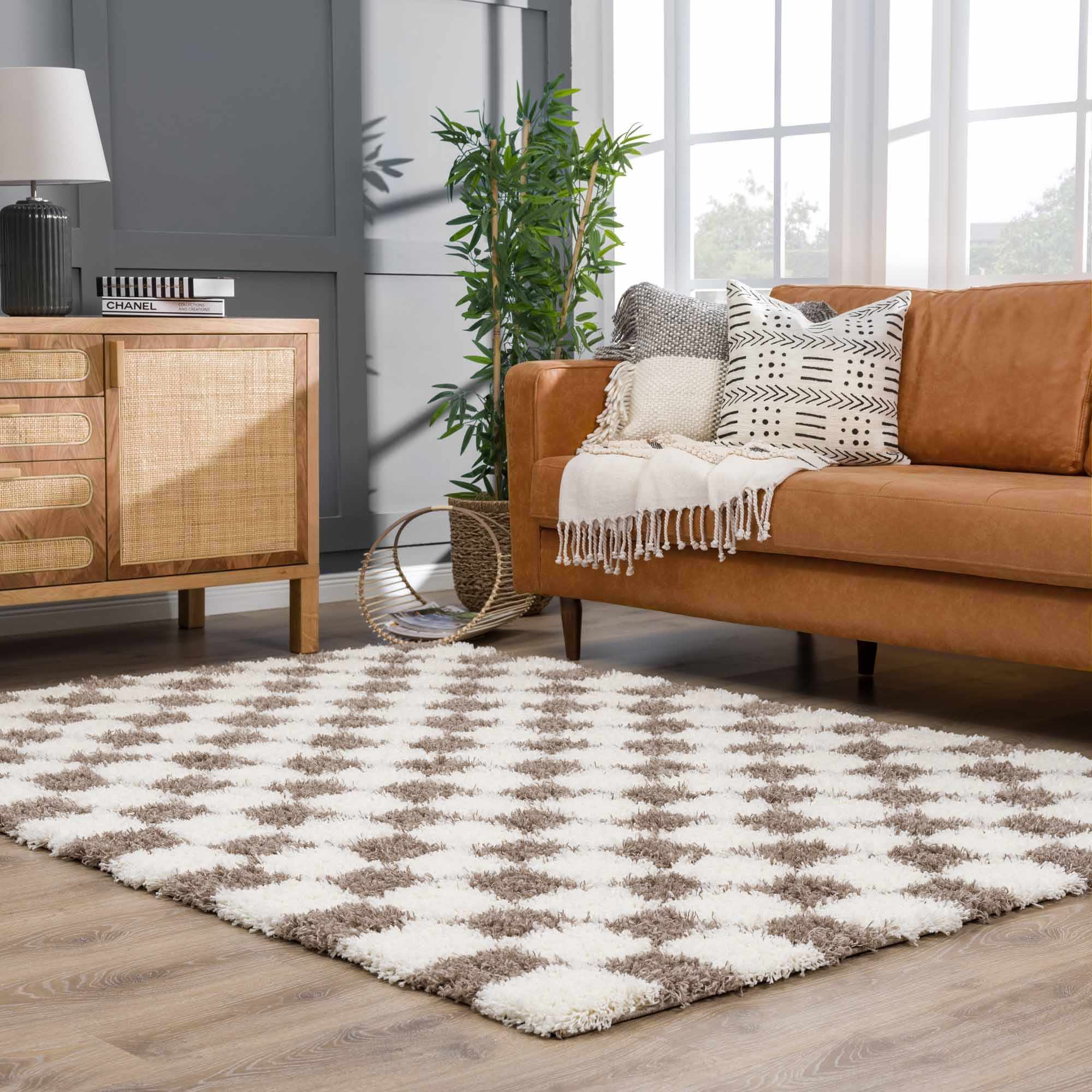 Atira Brown Checkered Area Rug | Warm Plush Geometric Rug – Boutique Rugs