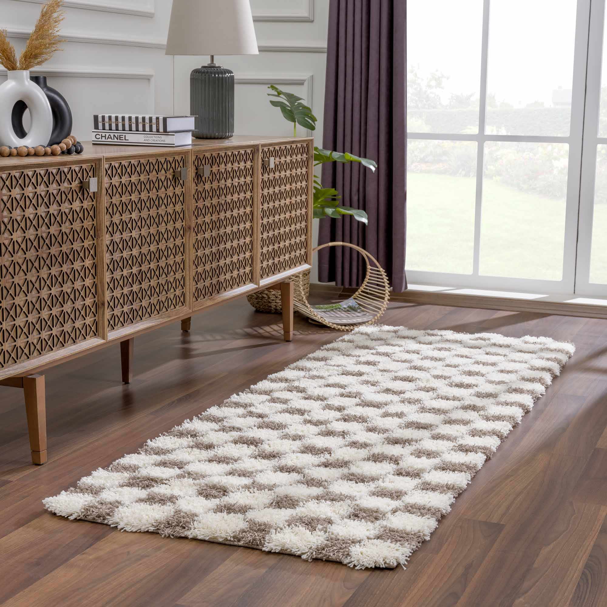 Atira Brown Checkered Area Rug | Warm Plush Geometric Rug – Boutique Rugs
