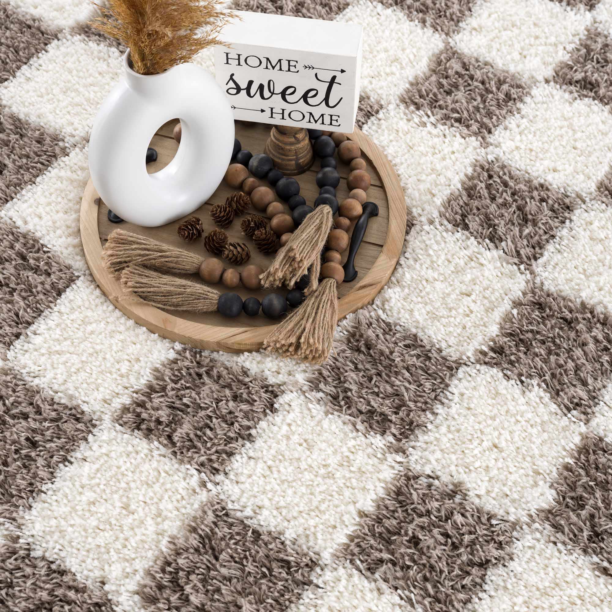 Atira Brown Checkered Area Rug | Warm Plush Geometric Rug – Boutique Rugs