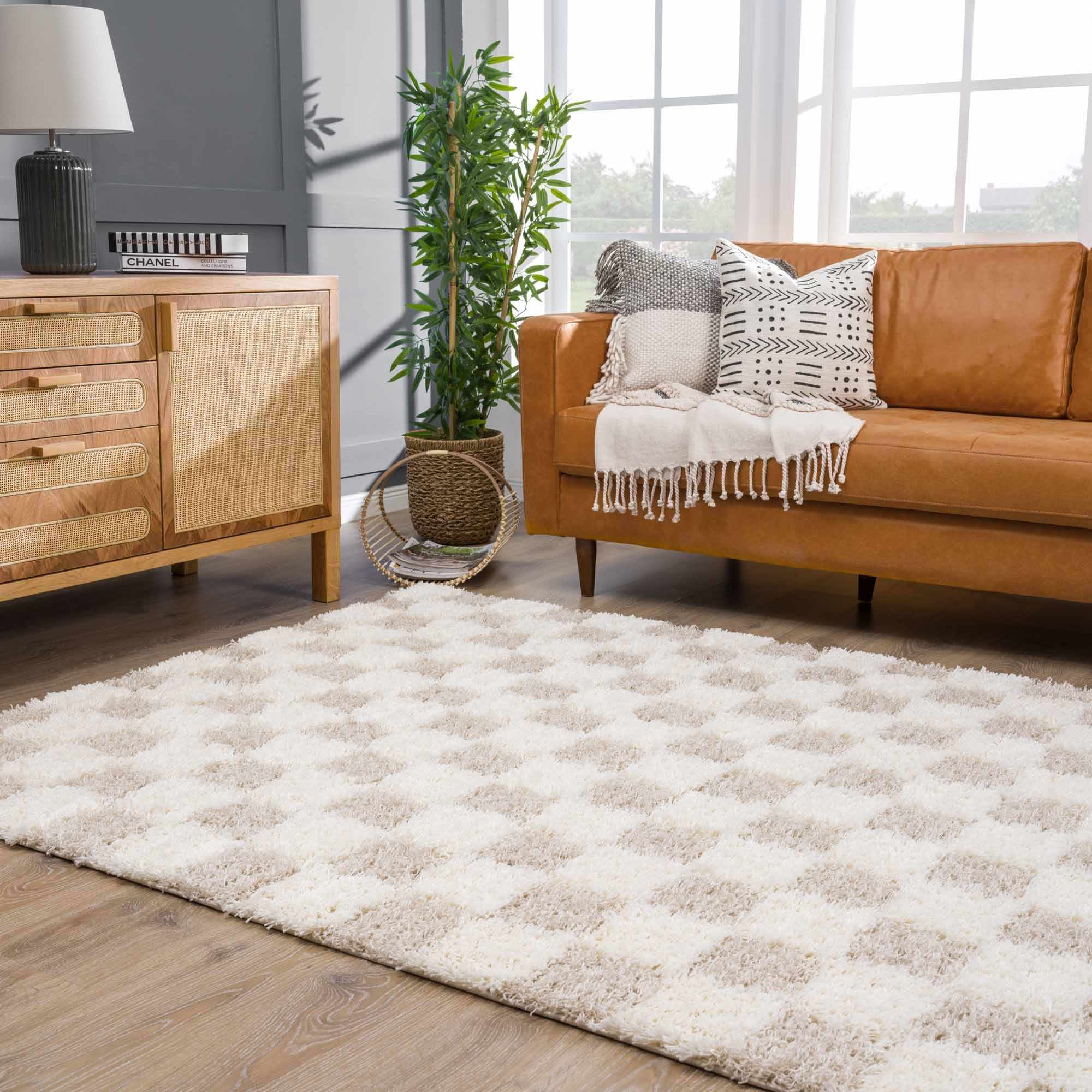 Atira Light Brown Checkered Area Rug | Plush Geometric Rug – Boutique Rugs