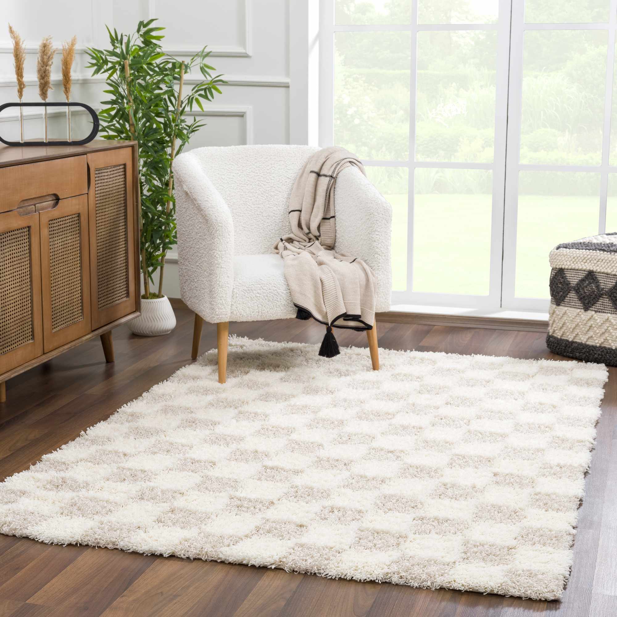 Atira Light Brown Checkered Area Rug | Plush Geometric Rug – Boutique Rugs