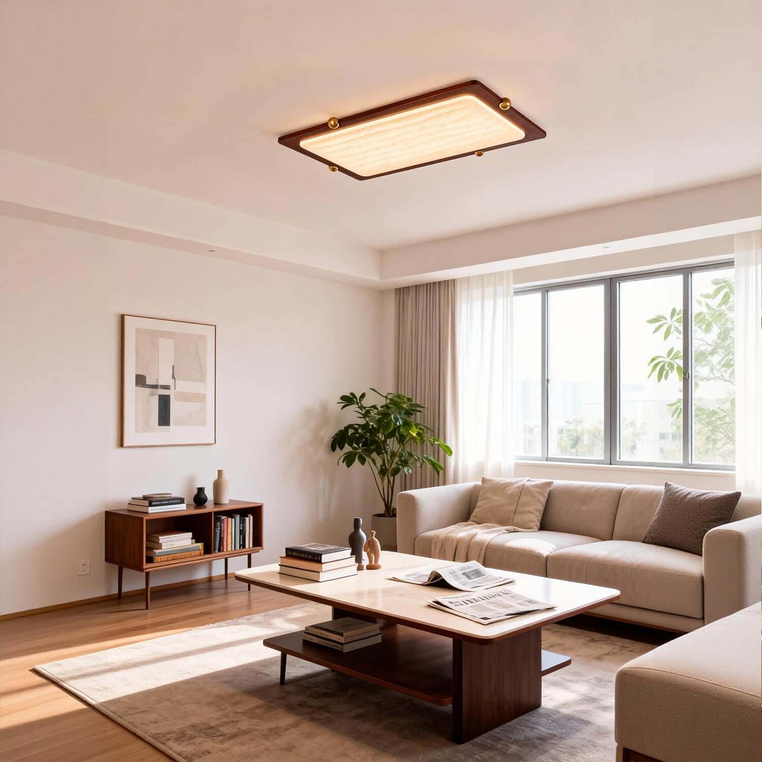 Wevre Rectangle Ceiling Light | Large Acrylic & Wood Flush Mount LED