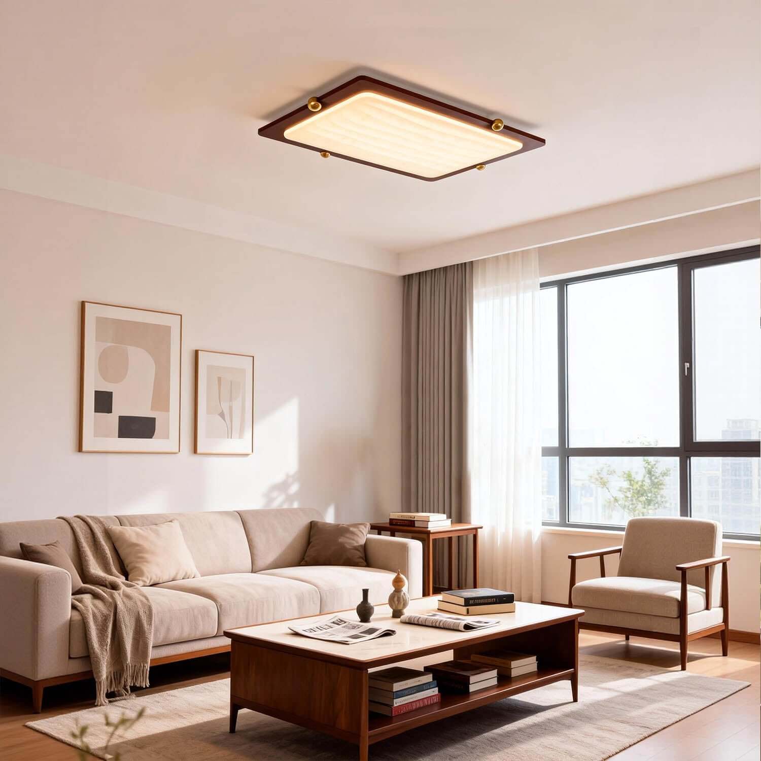 Wevre Rectangle Ceiling Light | Large Acrylic & Wood Flush Mount LED