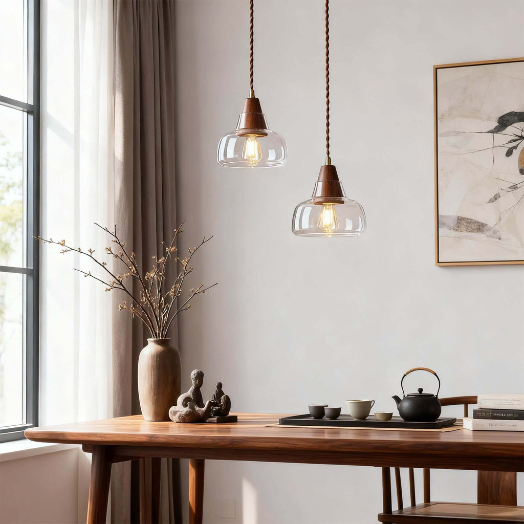 Zevoni Glass & Wood Pendant Light | Single or 3-Light Cluster Lamp
