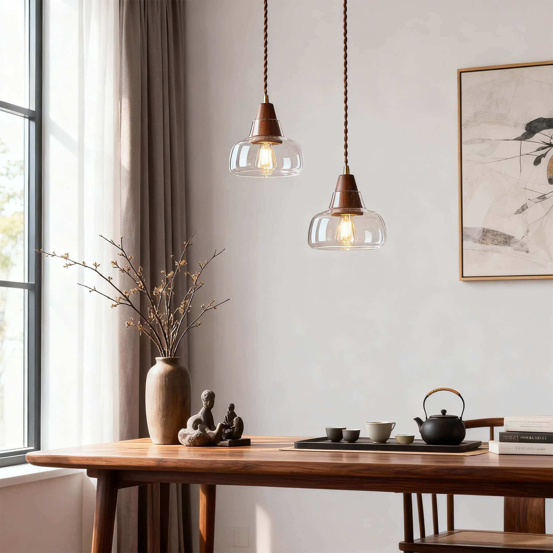 Zevoni Glass & Wood Pendant Light | Single or 3-Light Cluster Lamp