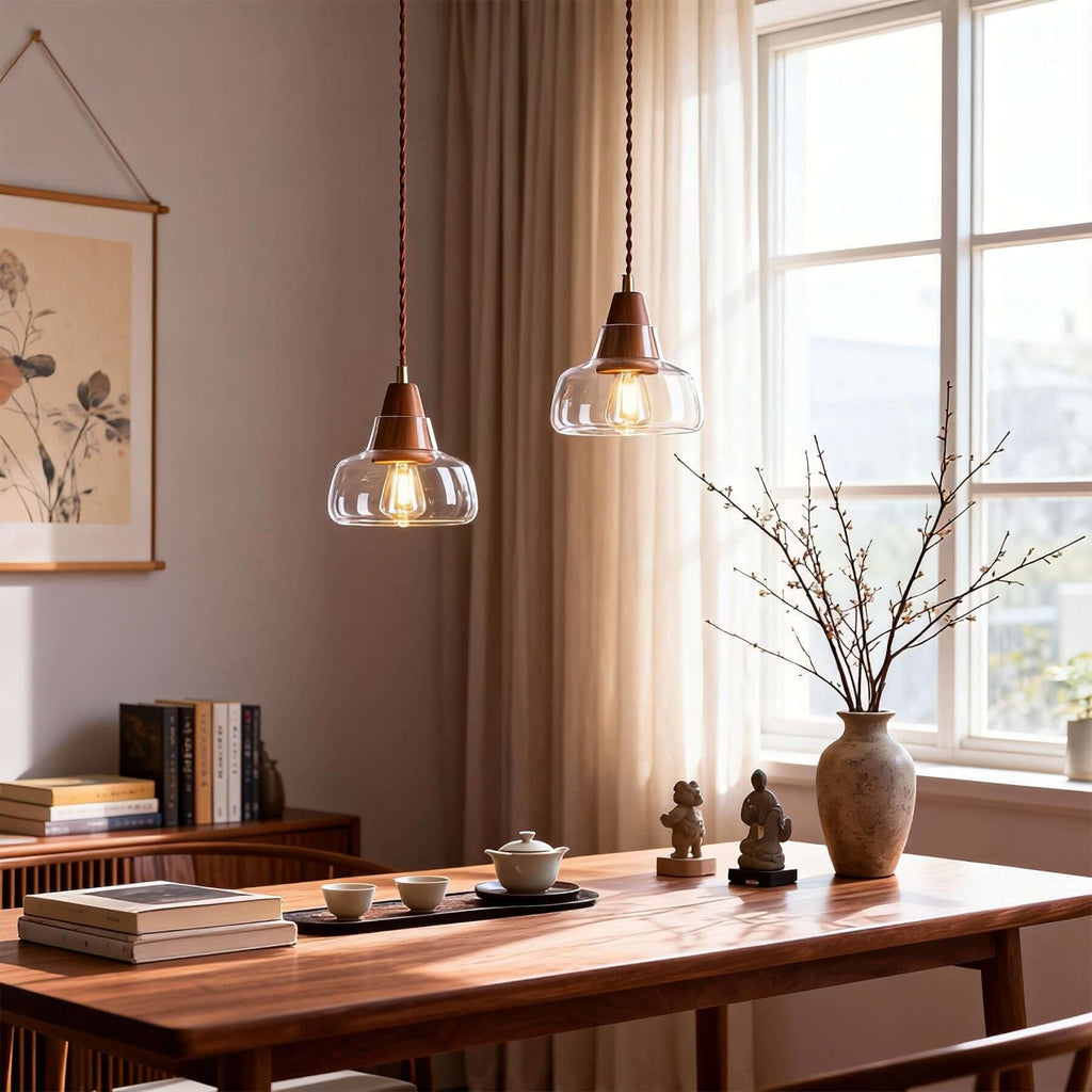 Zevoni Glass & Wood Pendant Light | Single or 3-Light Cluster Lamp