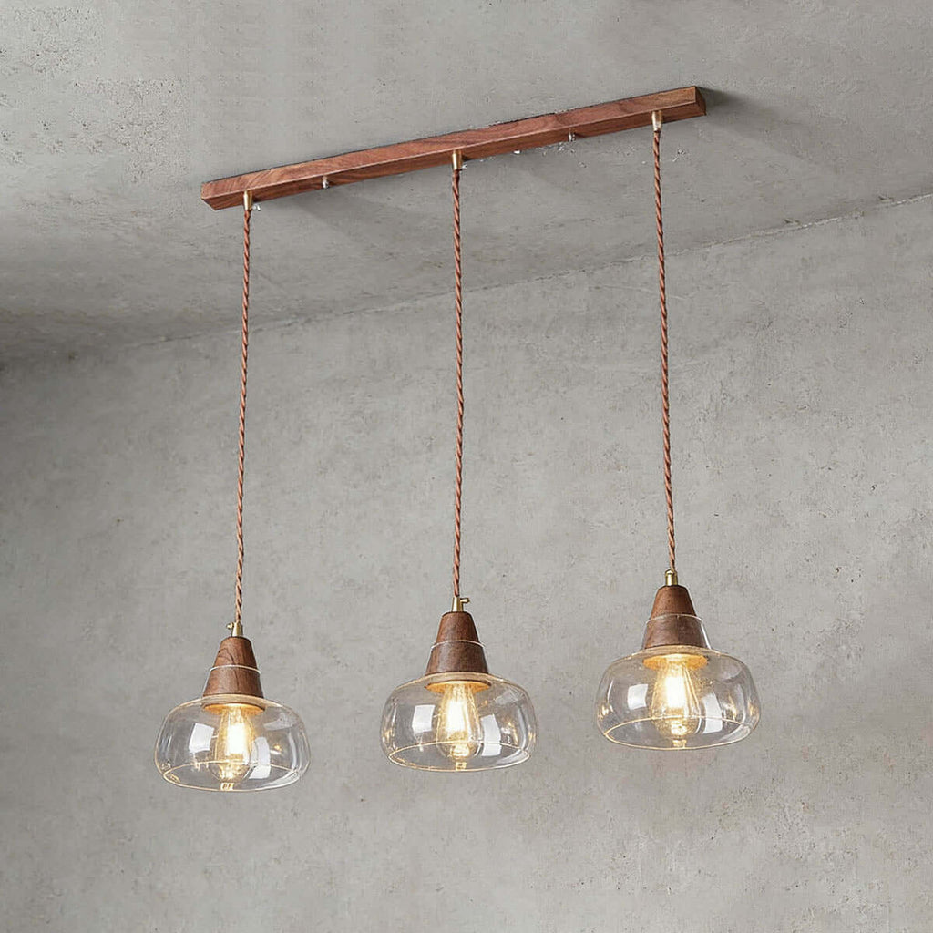 Zevoni Glass & Wood Pendant Light | Single or 3-Light Cluster Lamp