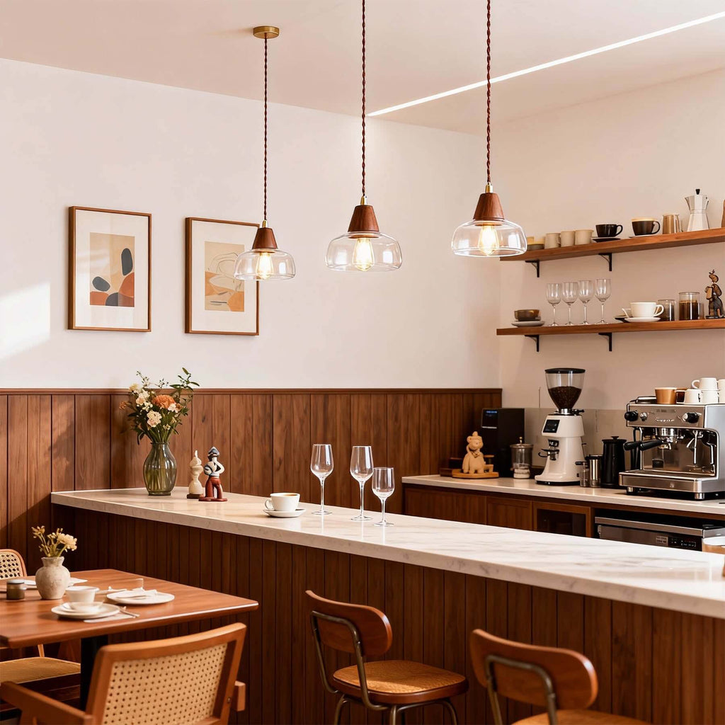 Zevoni Glass & Wood Pendant Light | Single or 3-Light Cluster Lamp