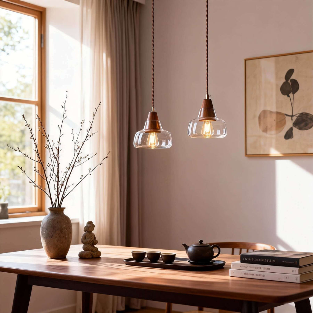 Zevoni Glass & Wood Pendant Light | Single or 3-Light Cluster Lamp