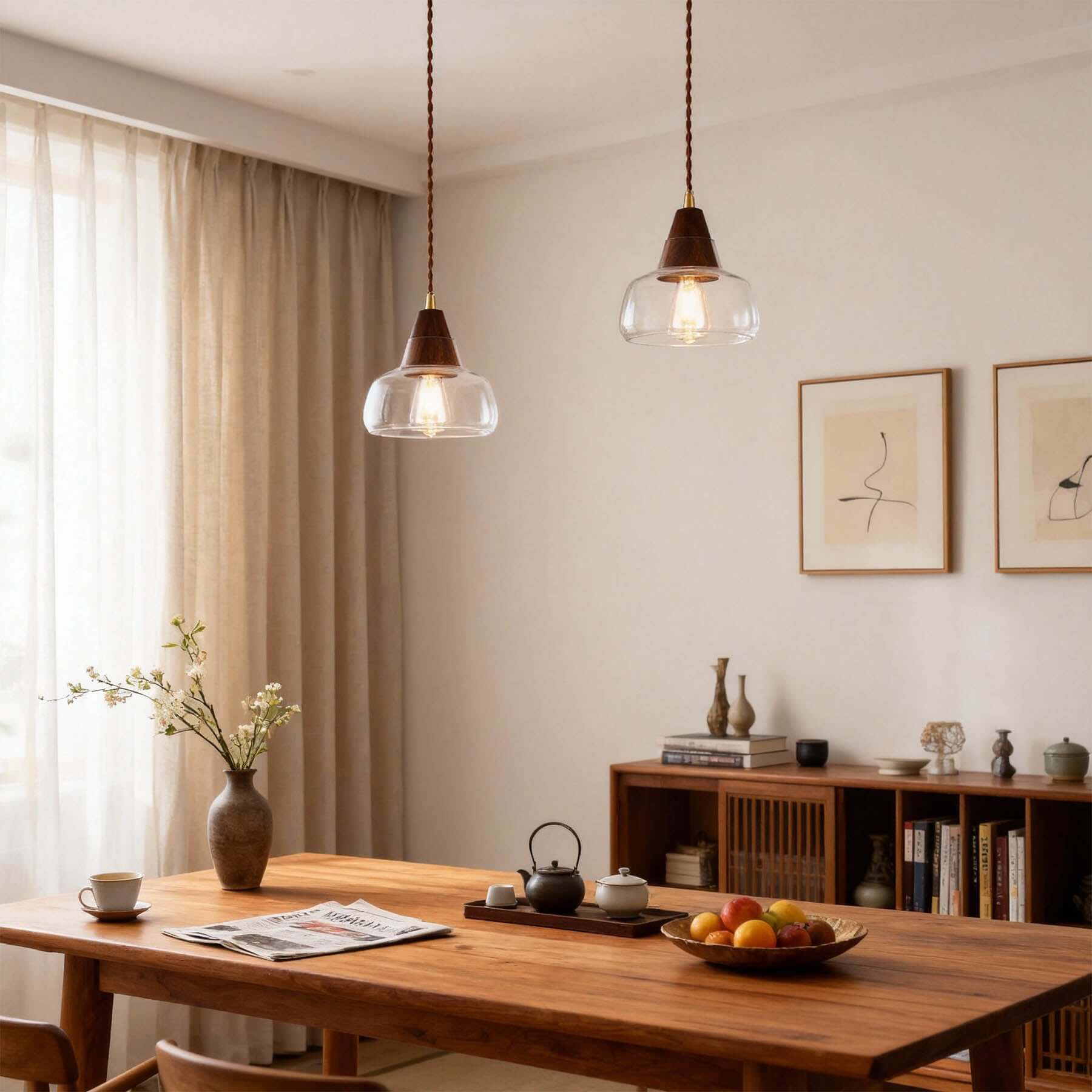 Zevoni Glass & Wood Pendant Light | Single or 3-Light Cluster Lamp