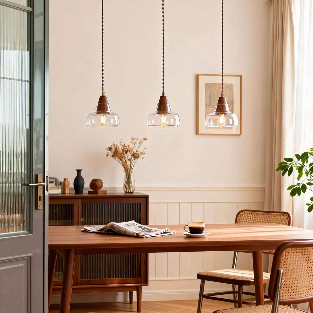 Zevoni Glass & Wood Pendant Light | Single or 3-Light Cluster Lamp