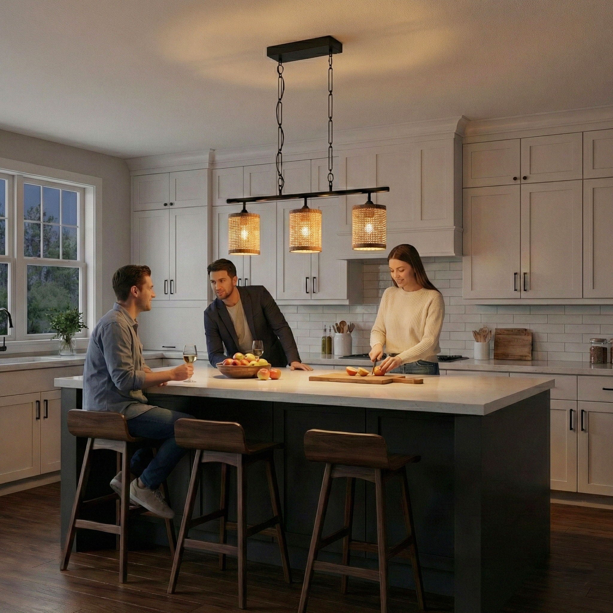 Elysian 3-Light Island Ceiling Lamp | Farmhouse Rattan Pendant Island Ceiling Lamp