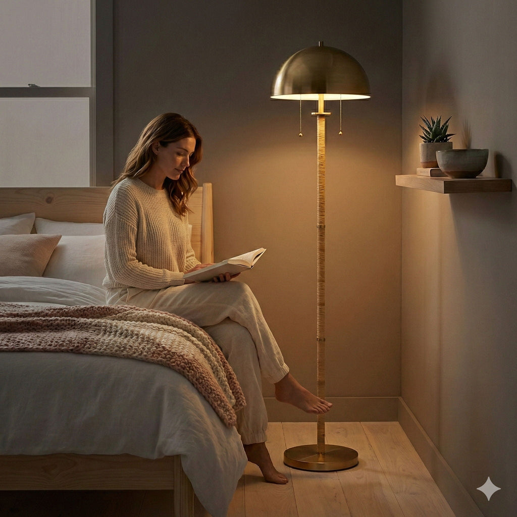 Allure 2-Light Floor Lamp | Gold Brass & Rattan Dual Light Floor Lamp
