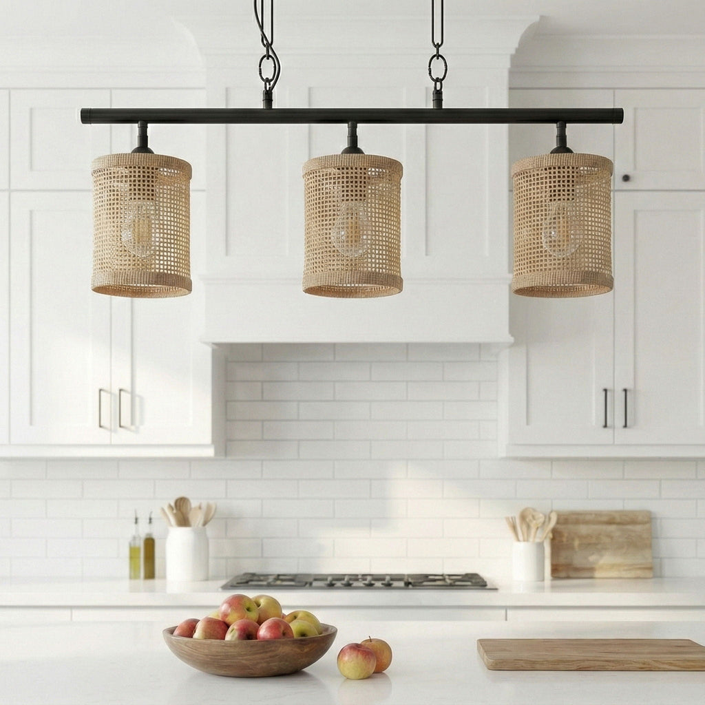Elysian 3-Light Island Ceiling Lamp | Farmhouse Rattan Pendant Island Ceiling Lamp