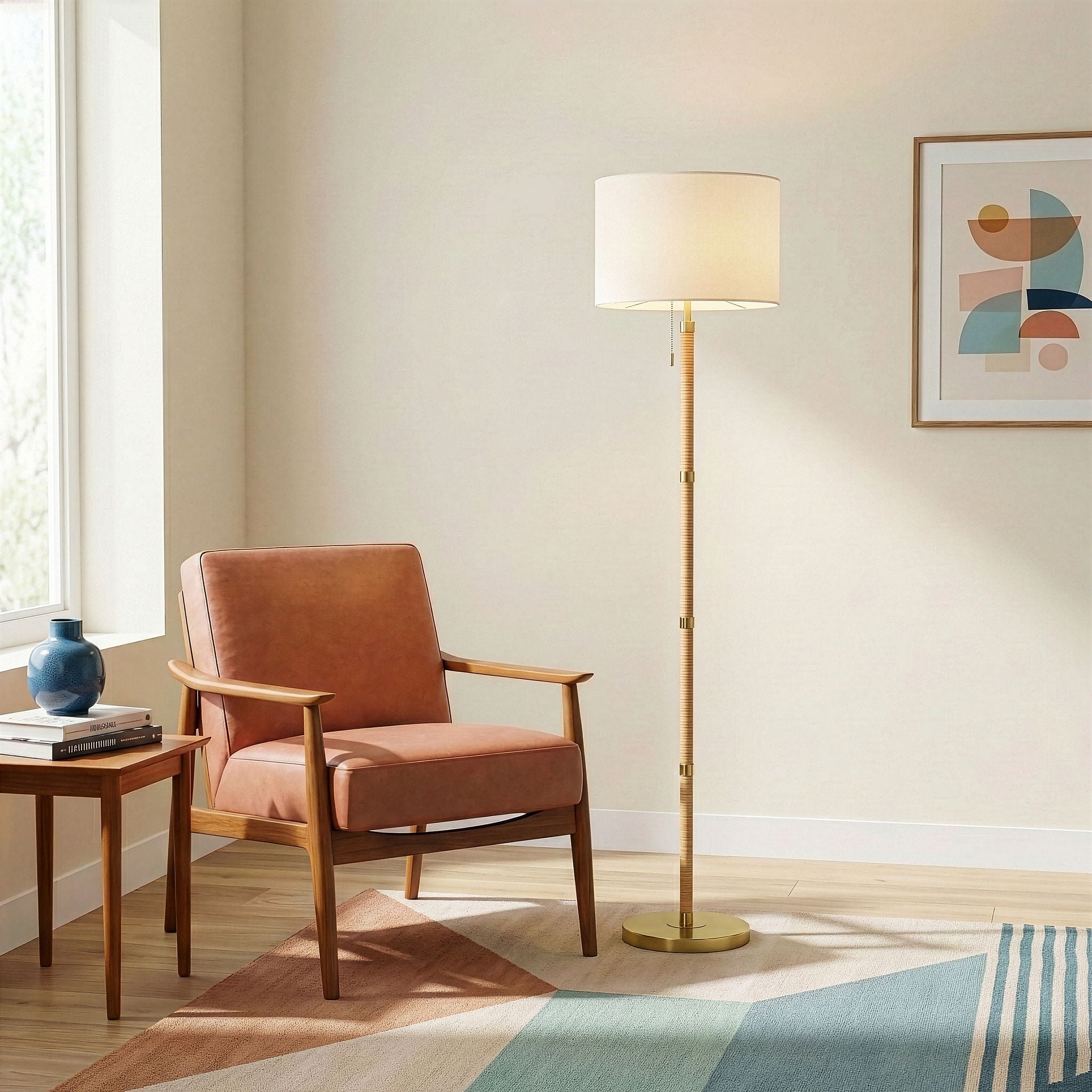 Stellar Linen Shade Floor Lamp | Natural Wood & Rattan Floor Lamp with Linen Shade