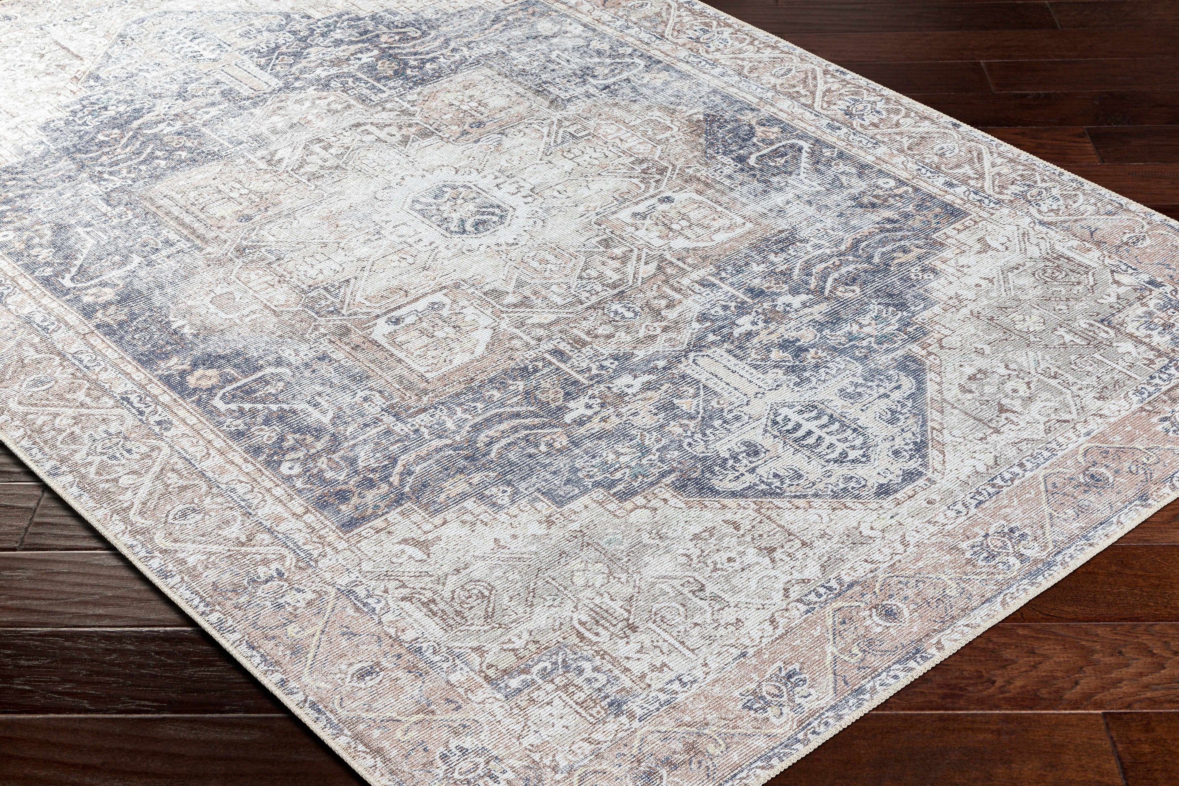 Rosman Beige Distressed Medallion Washable Area Rug | Timeless Design – Hauteloom
