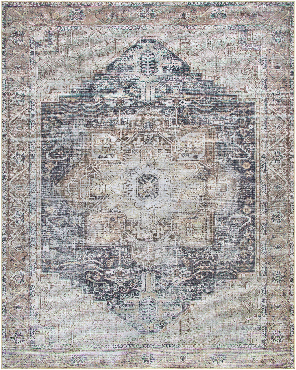 Rosman Beige Distressed Medallion Washable Area Rug | Timeless Design – Hauteloom