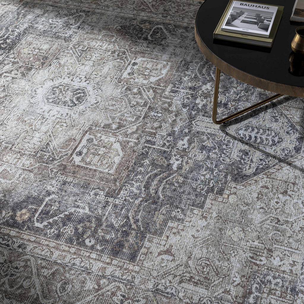Rosman Beige Distressed Medallion Washable Area Rug | Timeless Design – Hauteloom