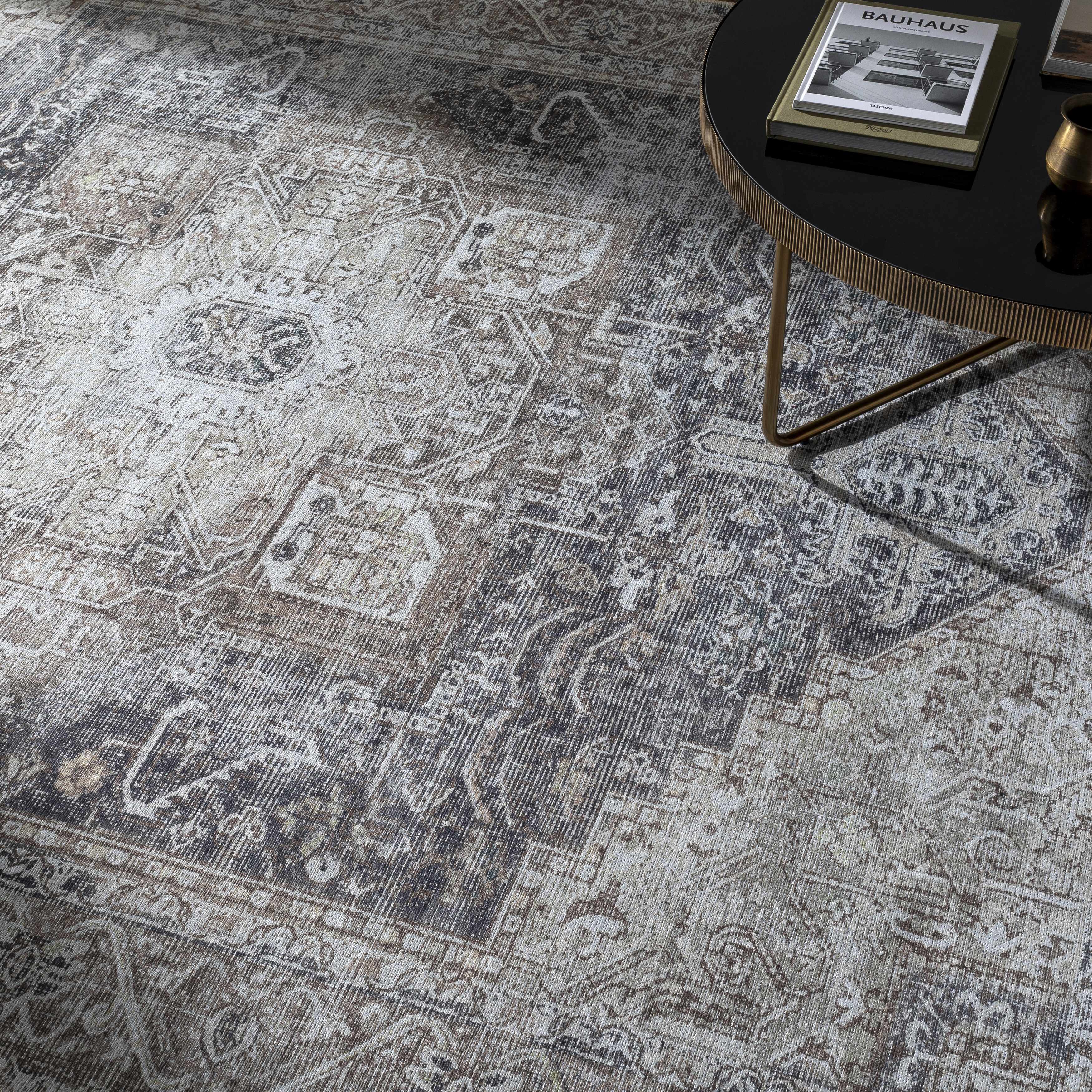 Rosman Beige Distressed Medallion Washable Area Rug | Timeless Design – Hauteloom