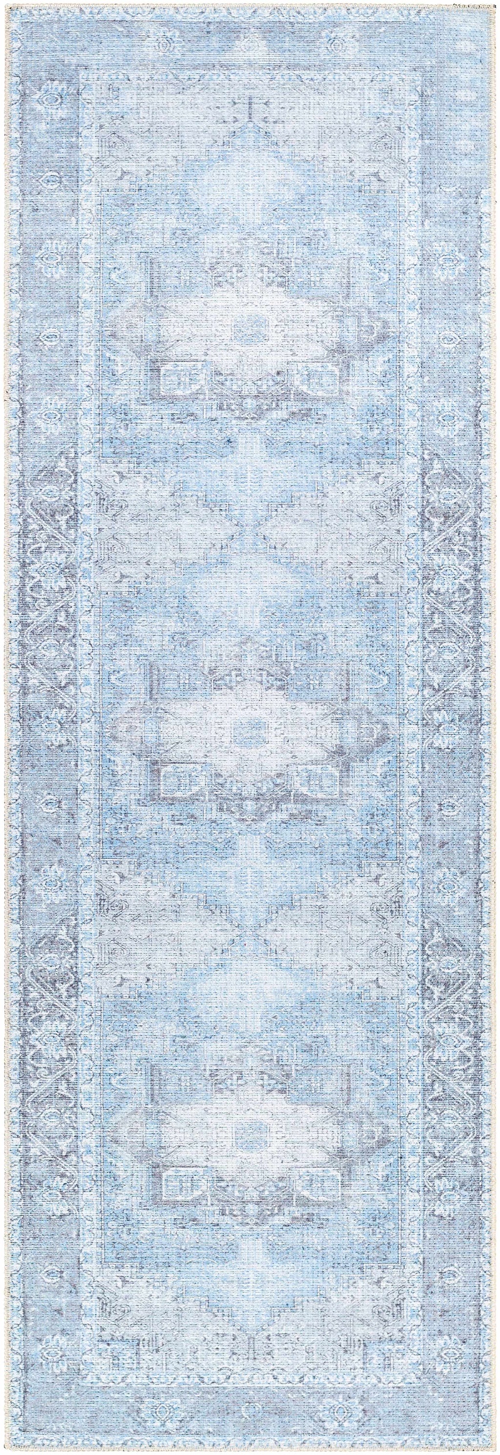Rosman Aqua & Charcoal Washable Area Rug | Vintage Traditional Design