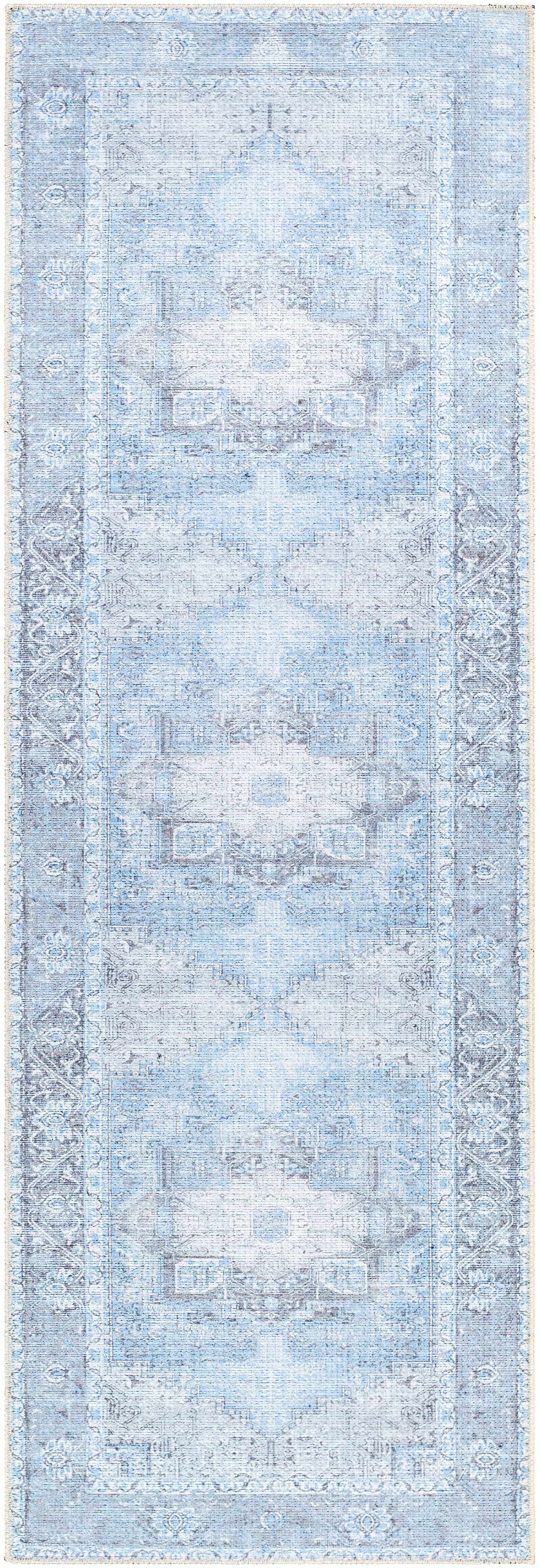 Rosman Aqua & Charcoal Washable Area Rug | Vintage Traditional Design