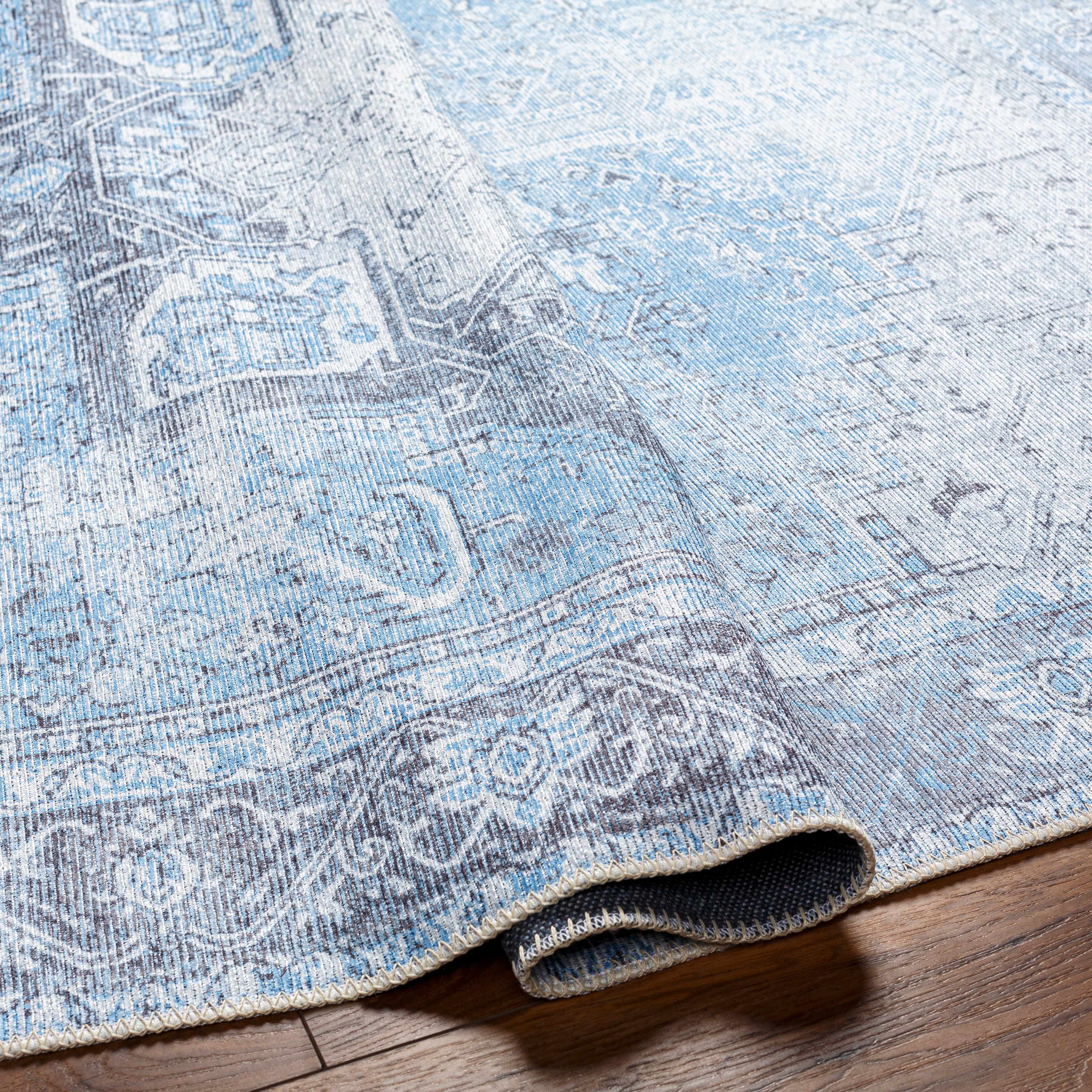 Rosman Aqua & Charcoal Washable Area Rug | Vintage Traditional Design
