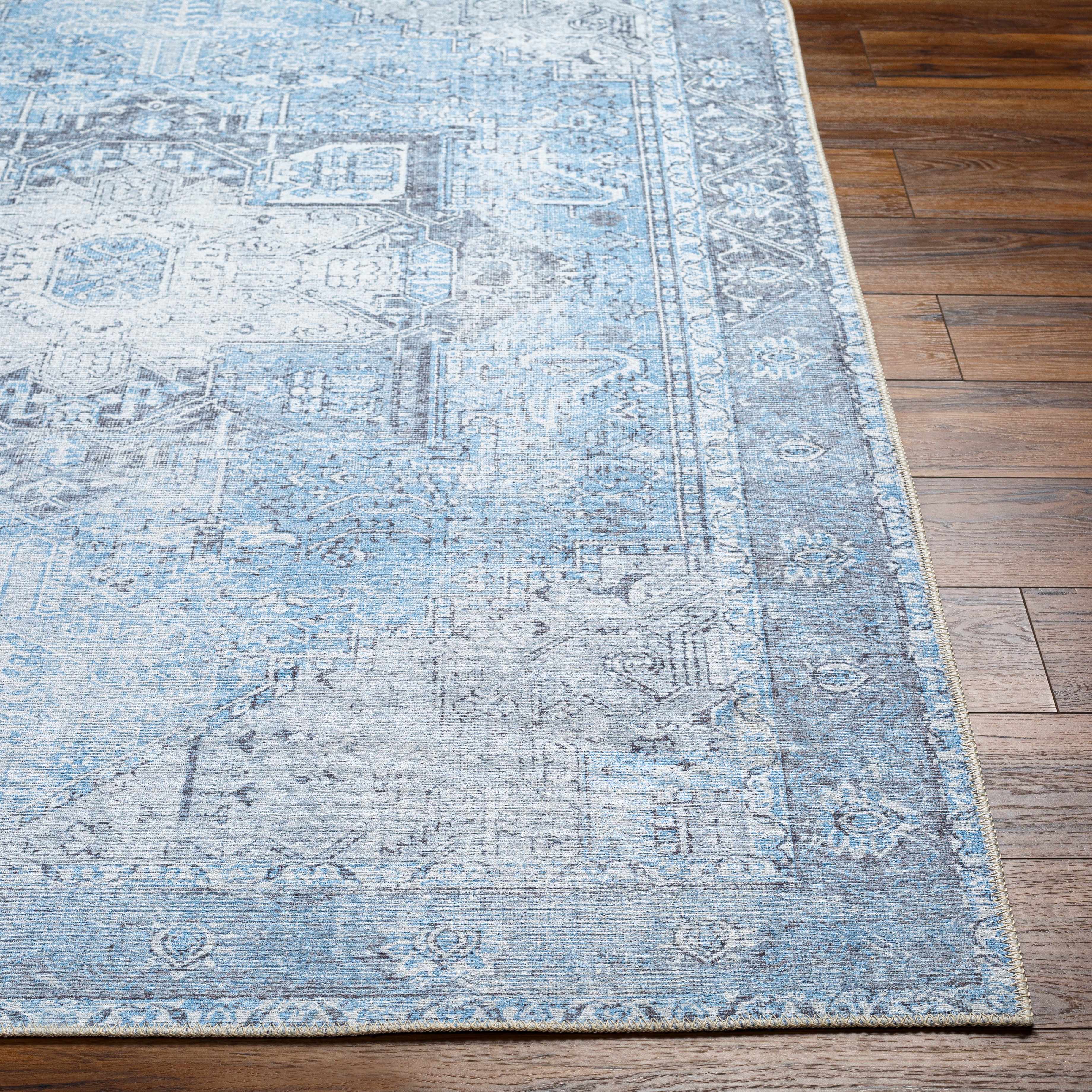Rosman Aqua & Charcoal Washable Area Rug | Vintage Traditional Design