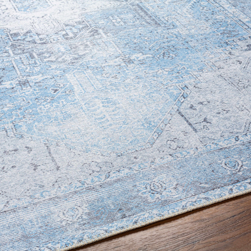Rosman Aqua & Charcoal Washable Area Rug | Vintage Traditional Design