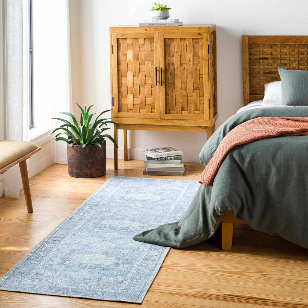 Rosman Aqua & Charcoal Washable Area Rug | Vintage Traditional Design
