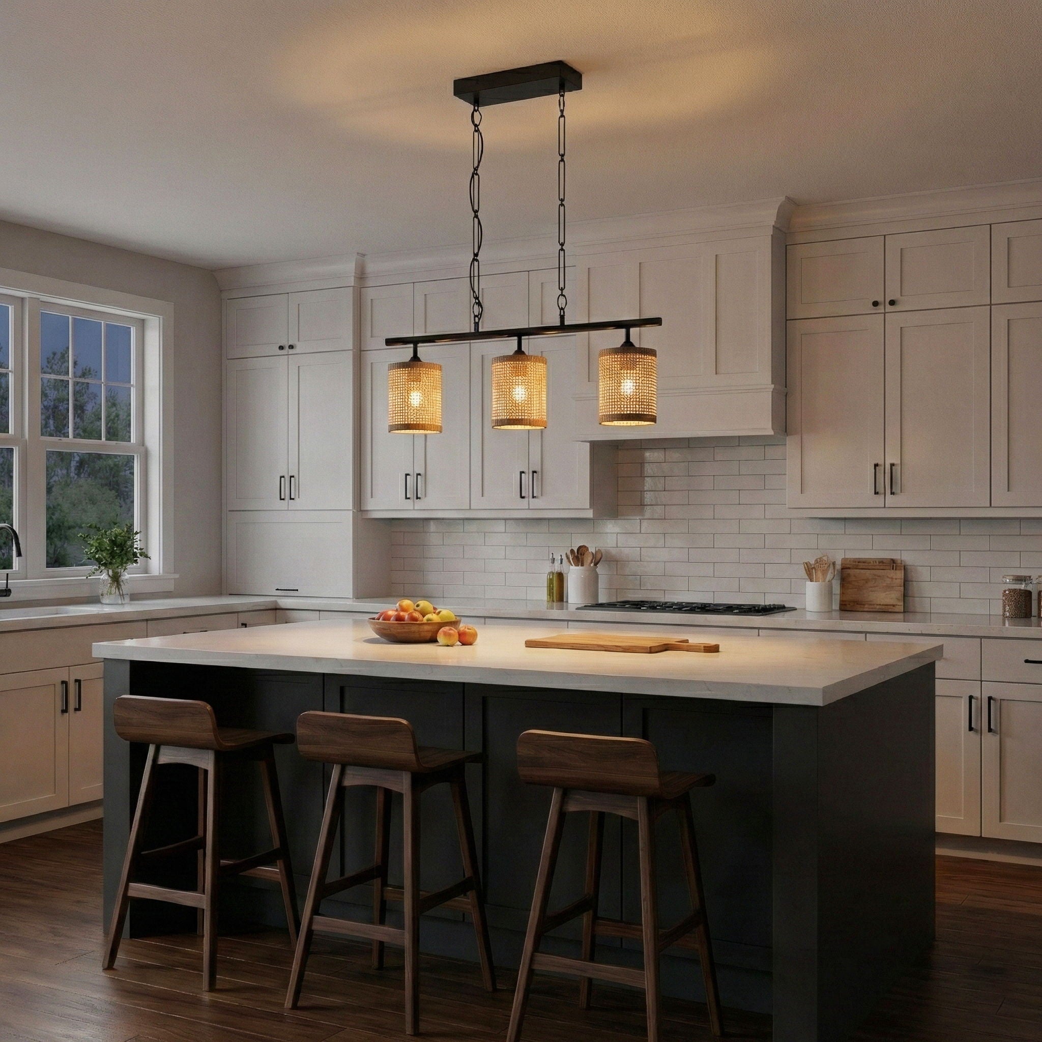 Elysian 3-Light Island Ceiling Lamp | Farmhouse Rattan Pendant Island Ceiling Lamp