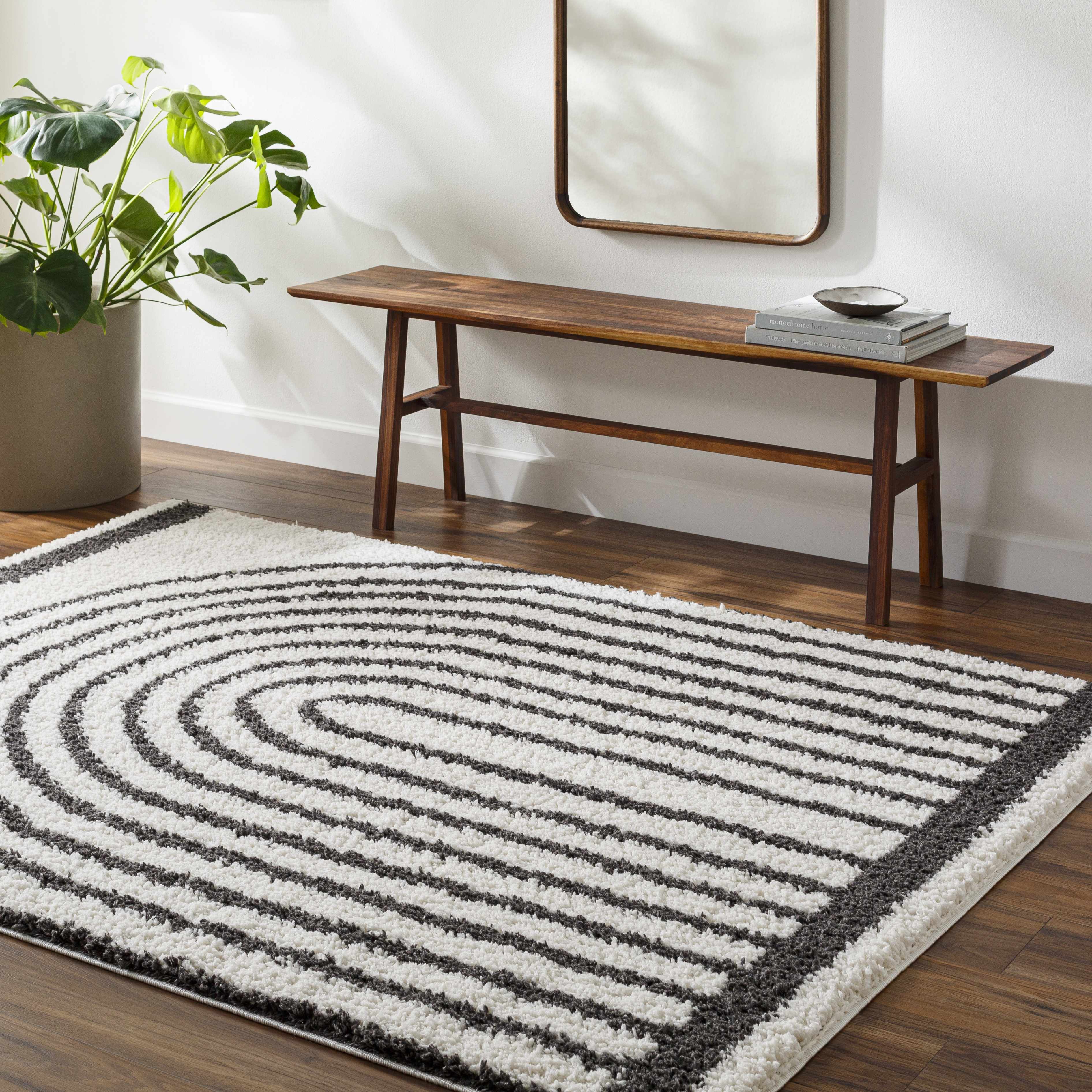 Bauer Black & White Shag Area Rug | Rainbow Design