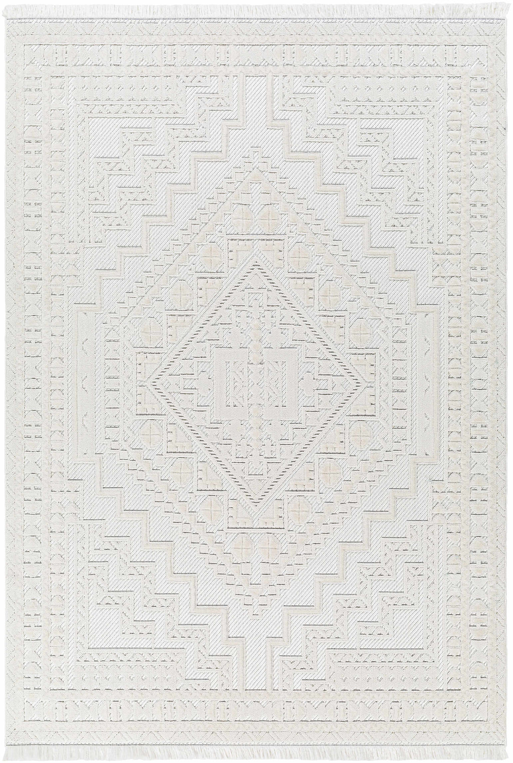 Alya Ivory Fringe Area Rug | Textured Medallion Design – Hauteloom
