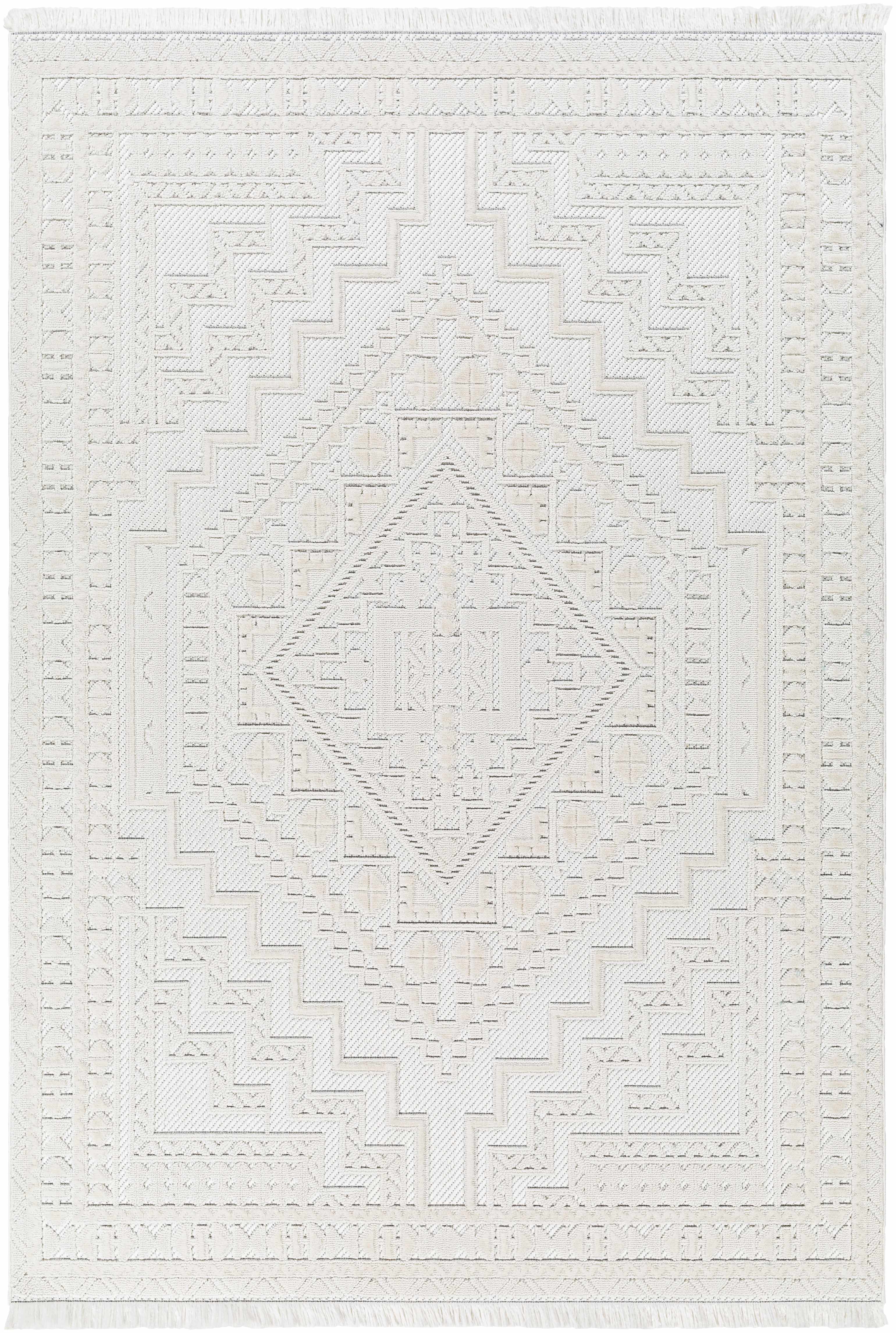 Alya Ivory Fringe Area Rug | Textured Medallion Design – Hauteloom