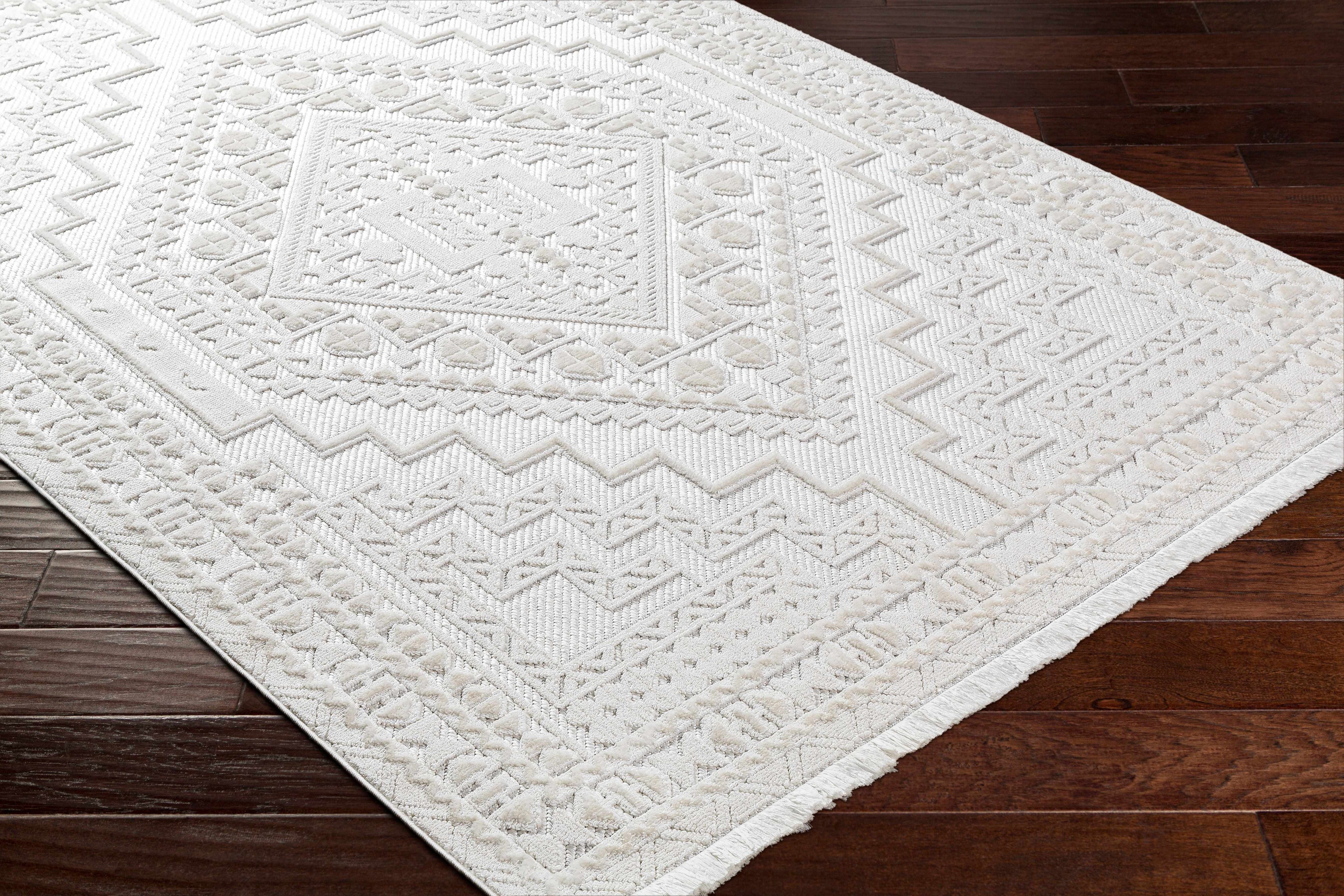 Alya Ivory Fringe Area Rug | Textured Medallion Design – Hauteloom