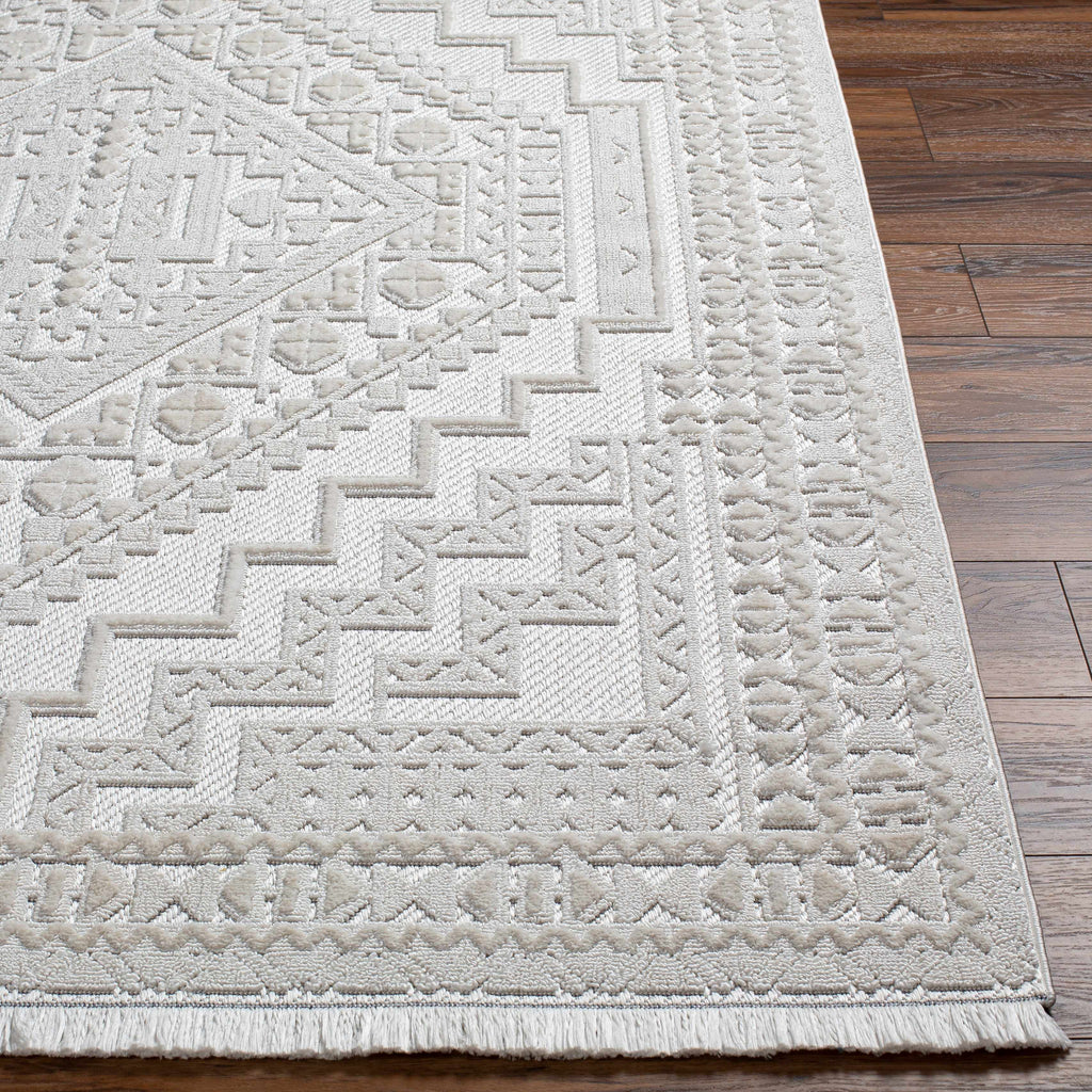 Alya Ivory Fringe Area Rug | Textured Medallion Design – Hauteloom