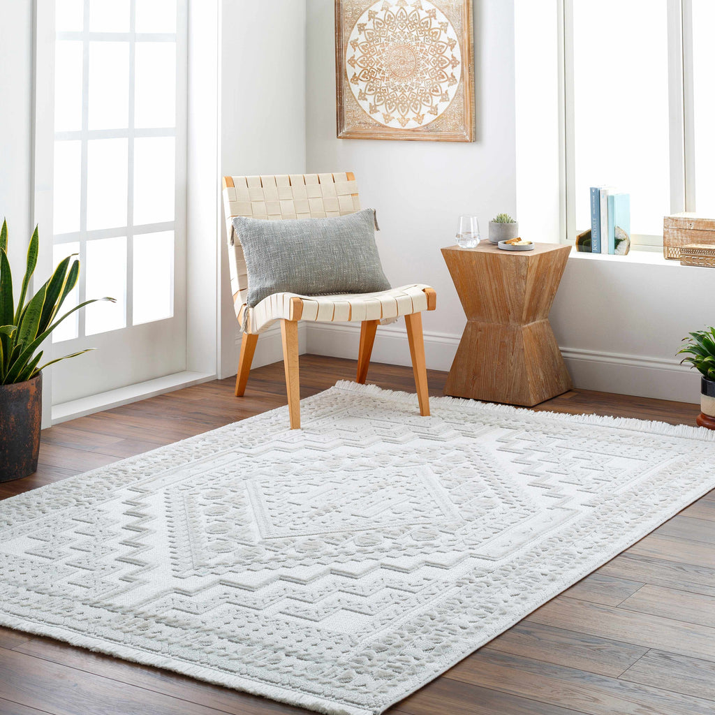 Alya Ivory Fringe Area Rug | Textured Medallion Design – Hauteloom