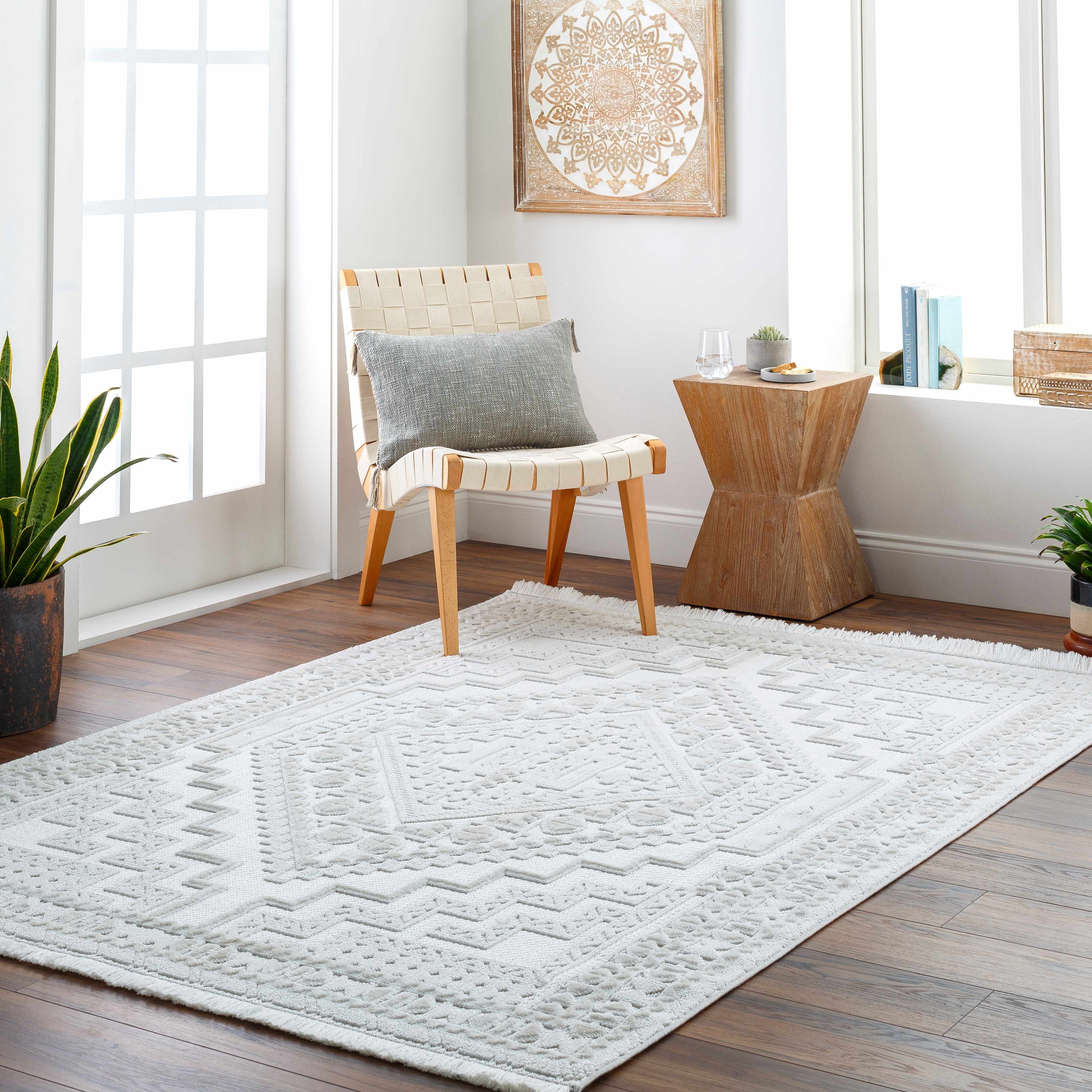 Alya Ivory Fringe Area Rug | Textured Medallion Design – Hauteloom