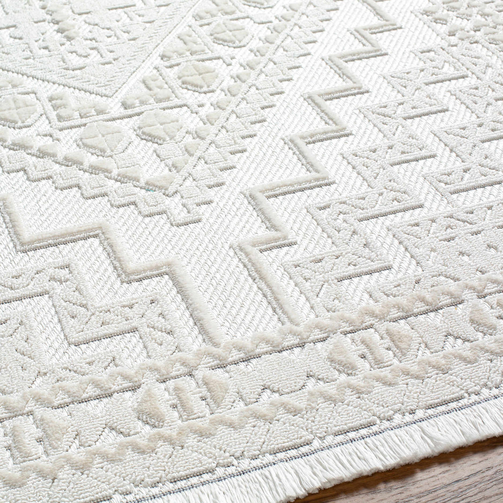Alya Ivory Fringe Area Rug | Textured Medallion Design – Hauteloom