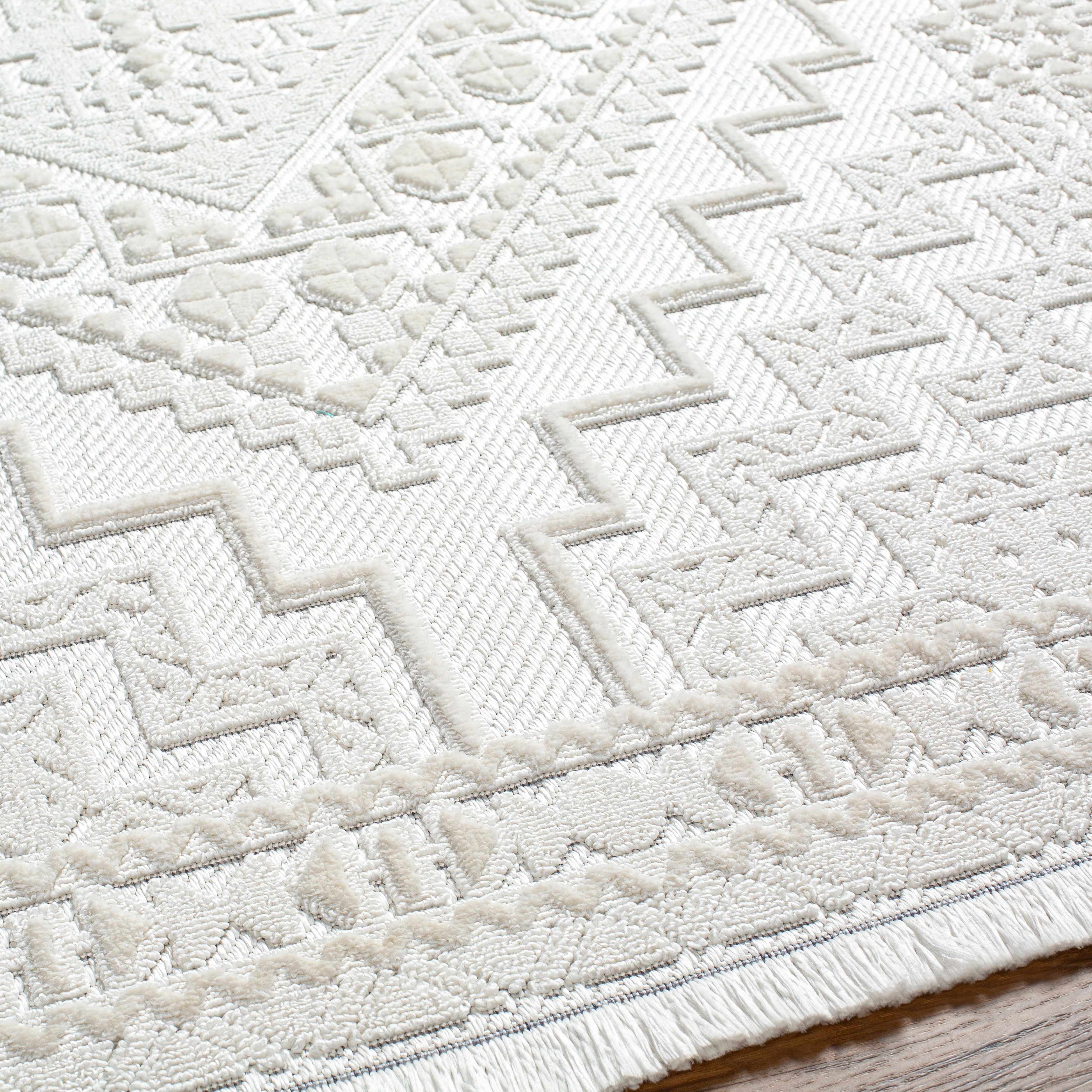 Alya Ivory Fringe Area Rug | Textured Medallion Design – Hauteloom