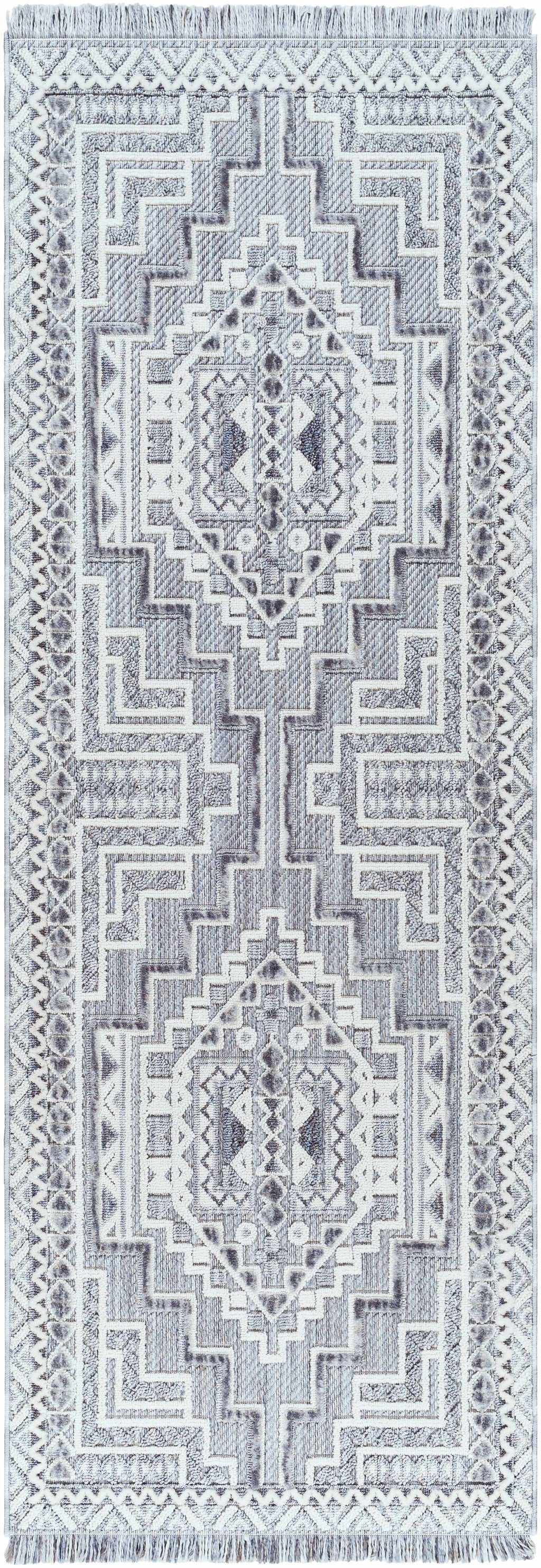 Alya Charcoal Fringe Area Rug | Textured Medallion Design