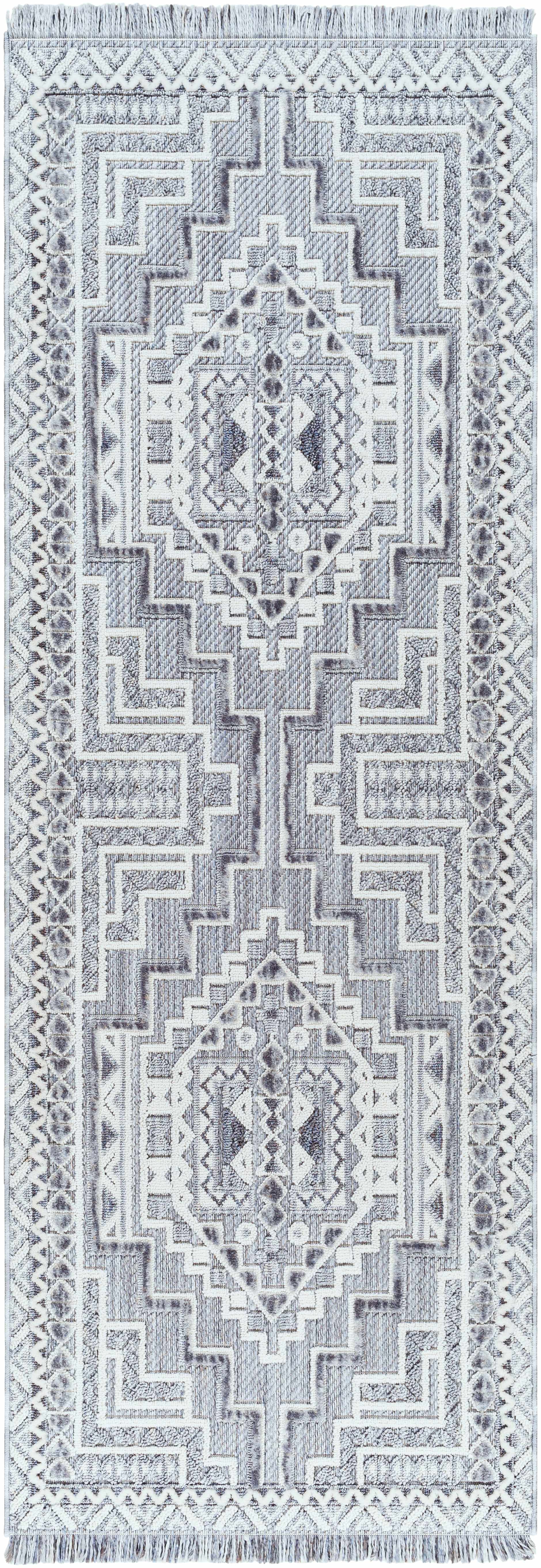 Alya Charcoal Fringe Area Rug | Textured Medallion Design