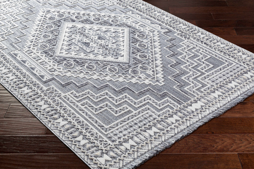 Alya Charcoal Fringe Area Rug | Textured Medallion Design