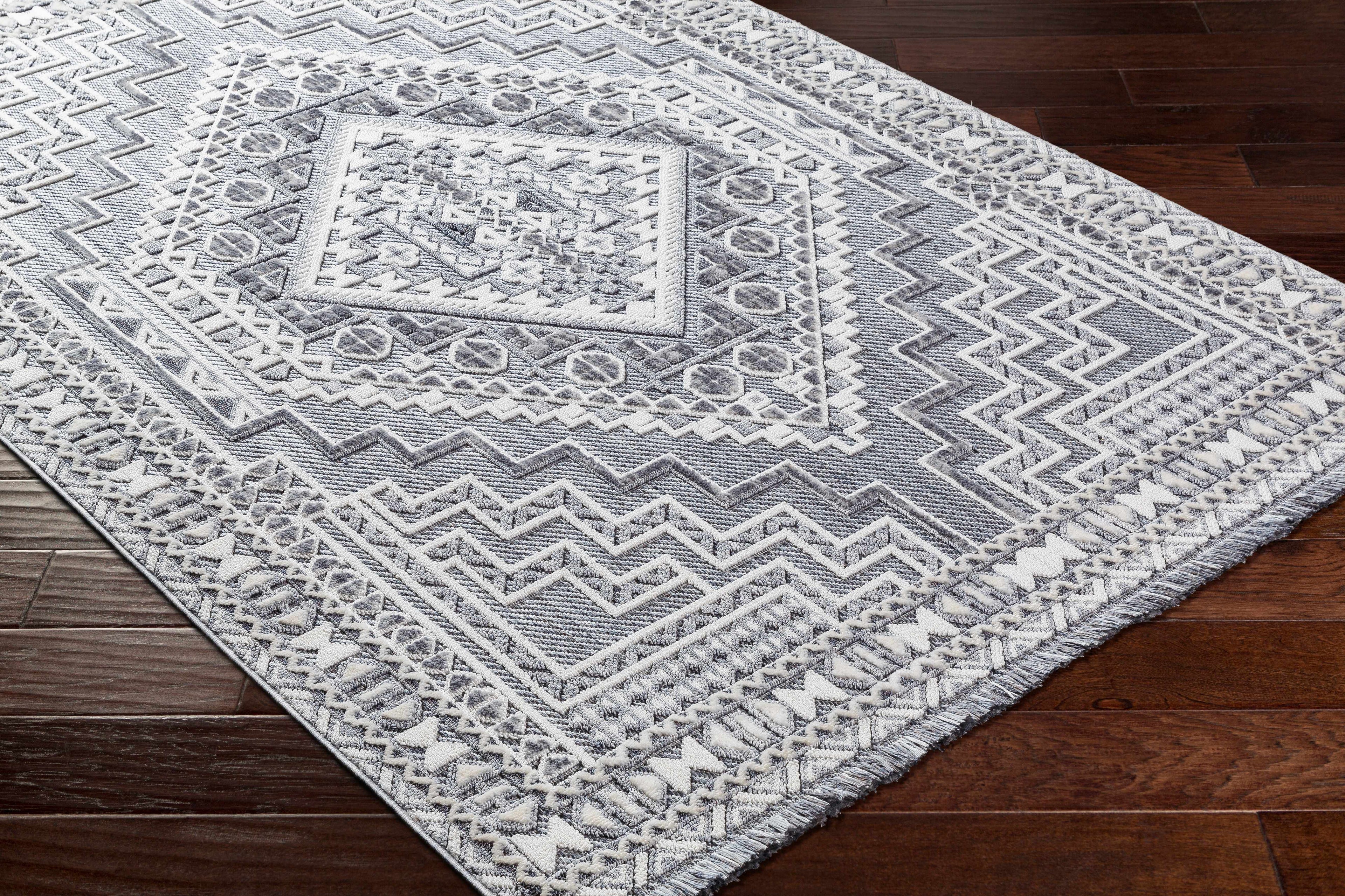 Alya Charcoal Fringe Area Rug | Textured Medallion Design