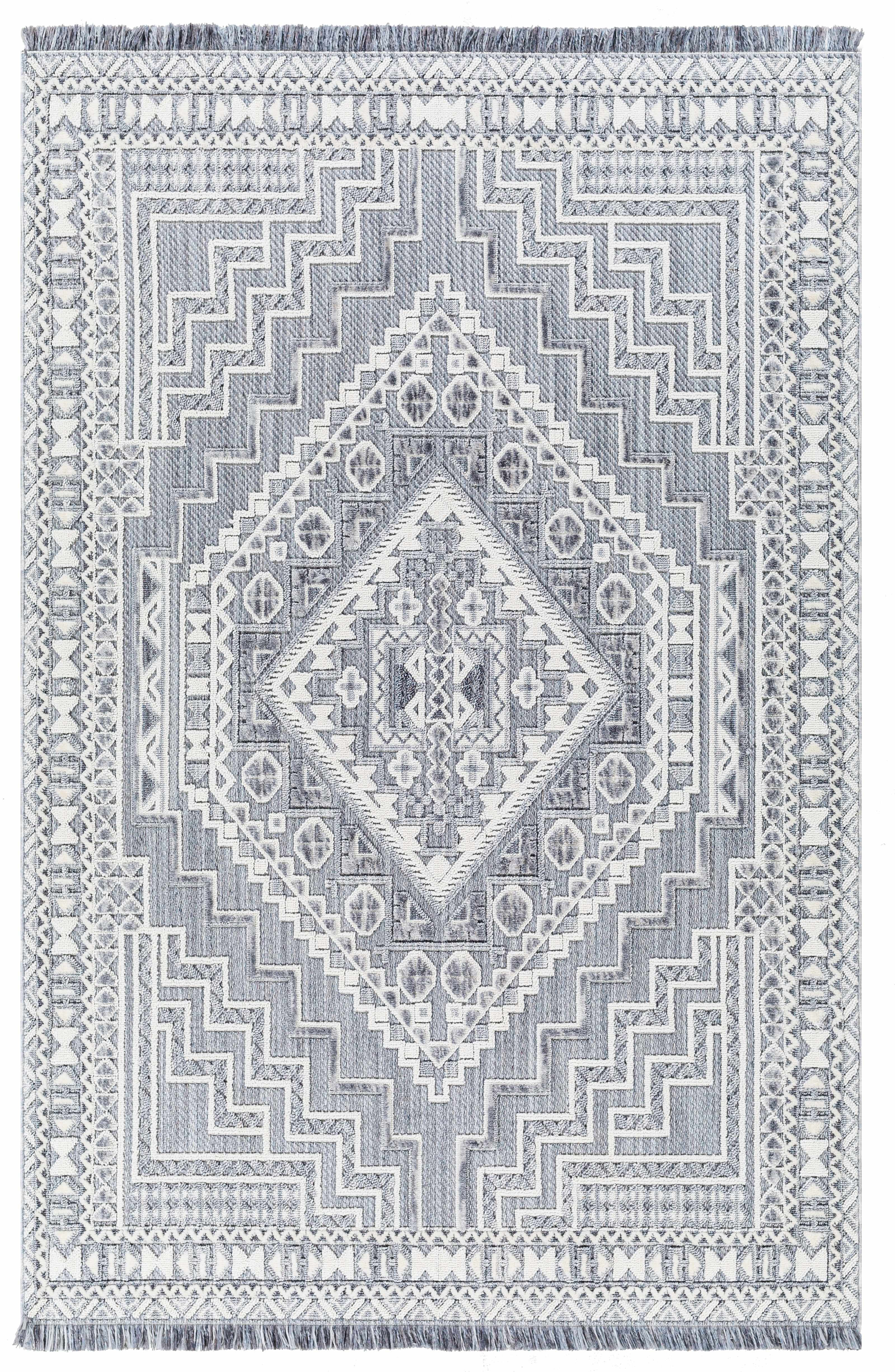 Alya Charcoal Fringe Area Rug | Textured Medallion Design