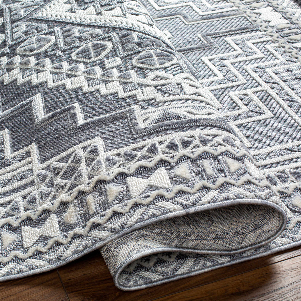 Alya Charcoal Fringe Area Rug | Textured Medallion Design