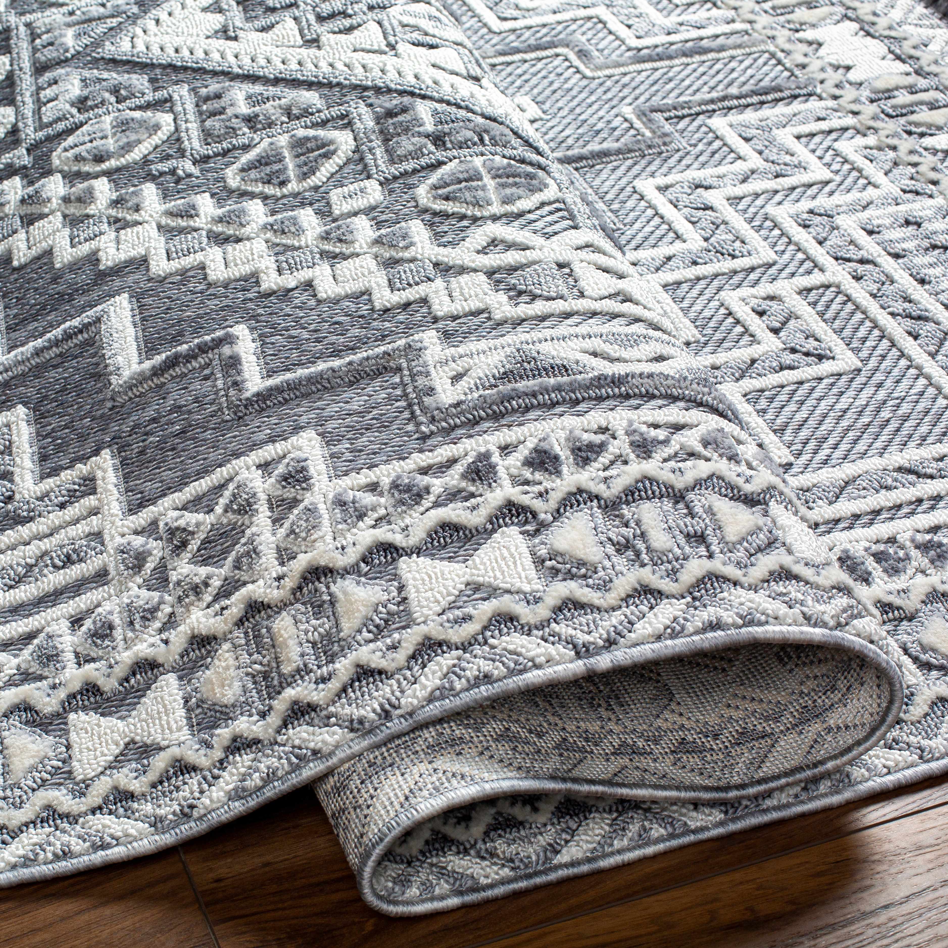 Alya Charcoal Fringe Area Rug | Textured Medallion Design