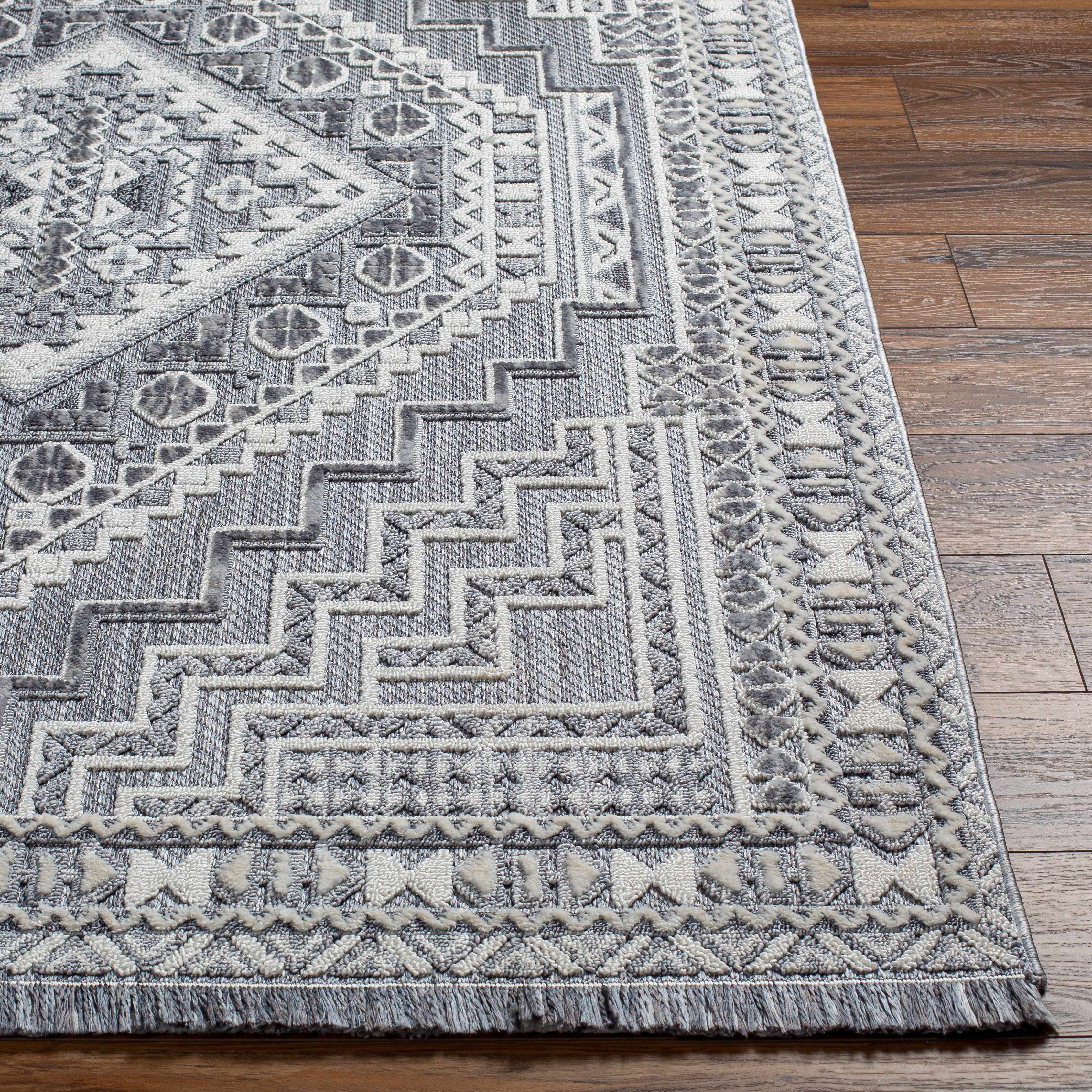 Alya Charcoal Fringe Area Rug | Textured Medallion Design