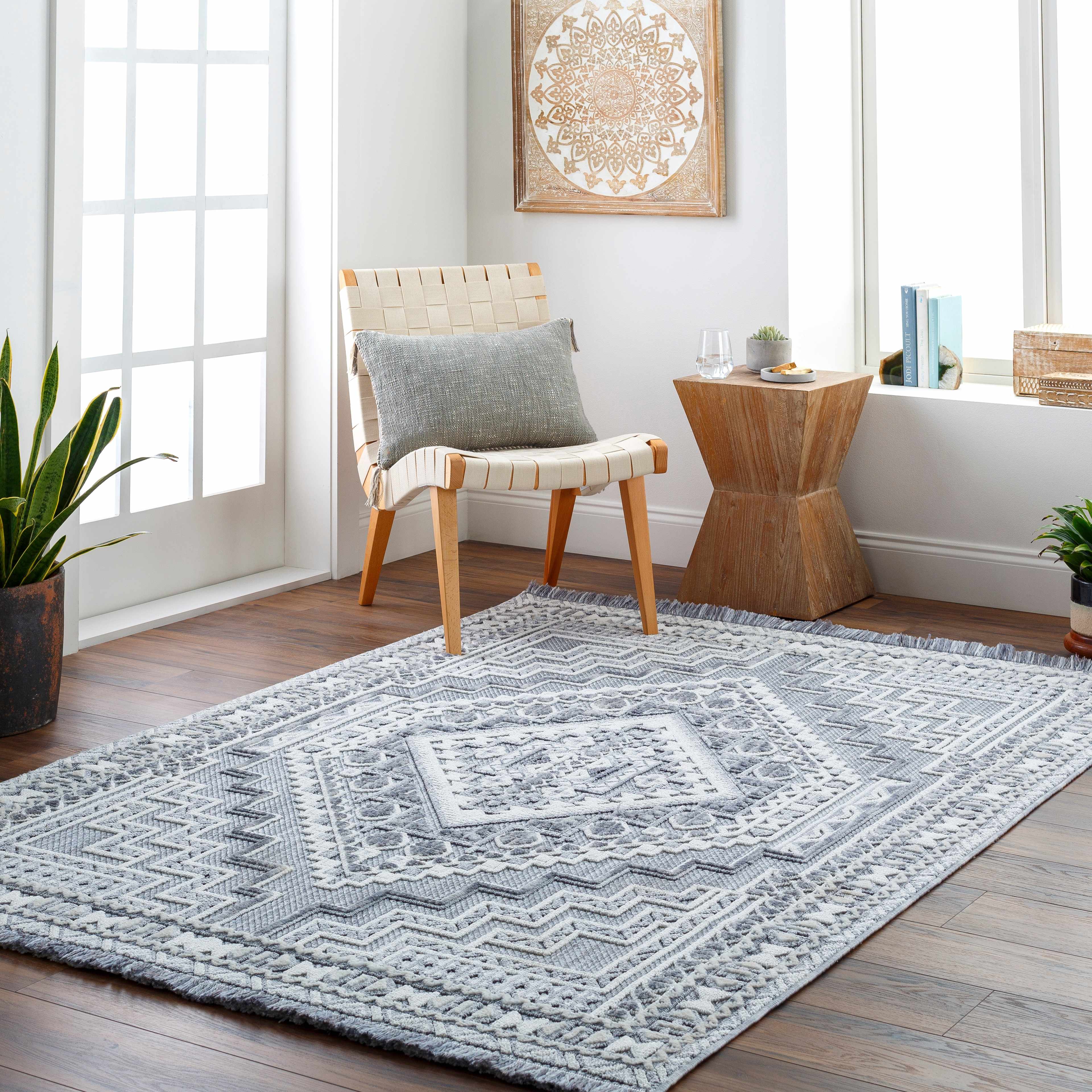 Alya Charcoal Fringe Area Rug | Textured Medallion Design